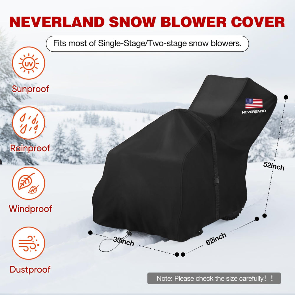 NEVERLAND cover alongside measuring tape showing fit for 24–30 inch blowers