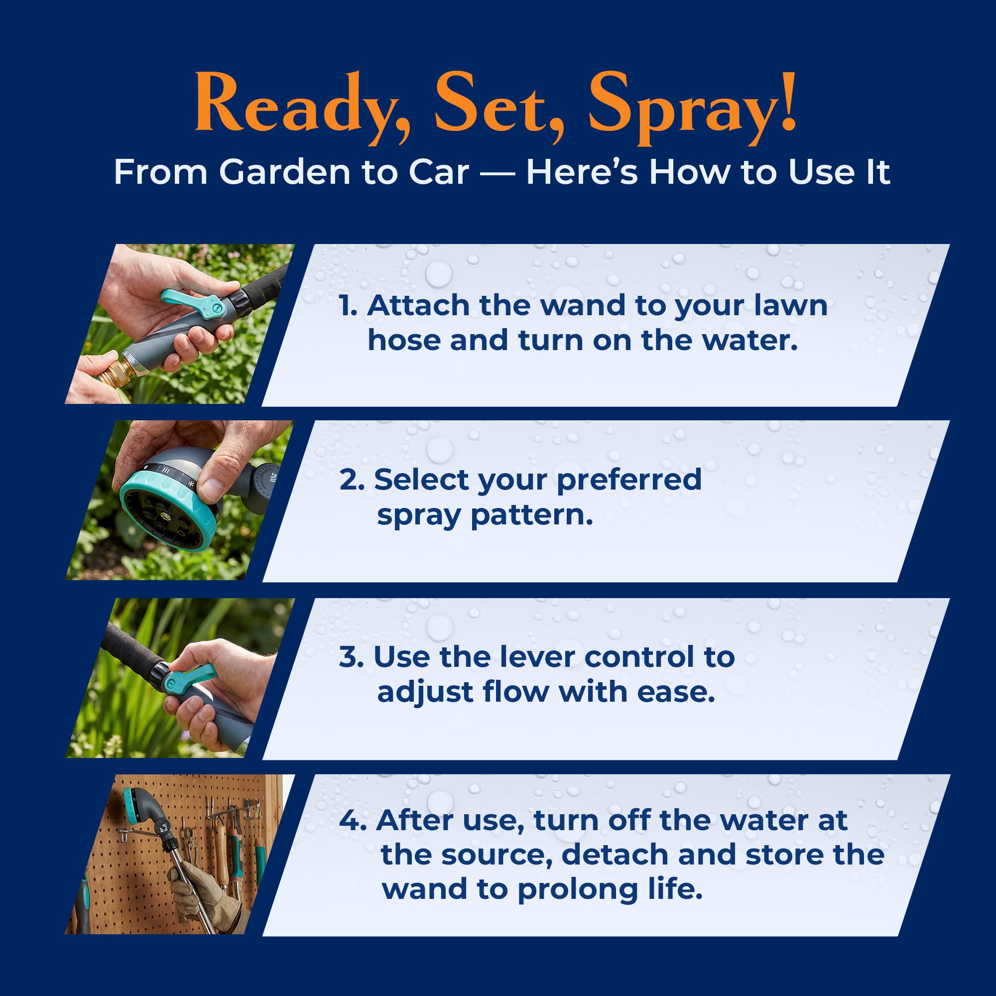 New England Garden Tools rinsing a car with a concentrated jet mode for effective dirt removal