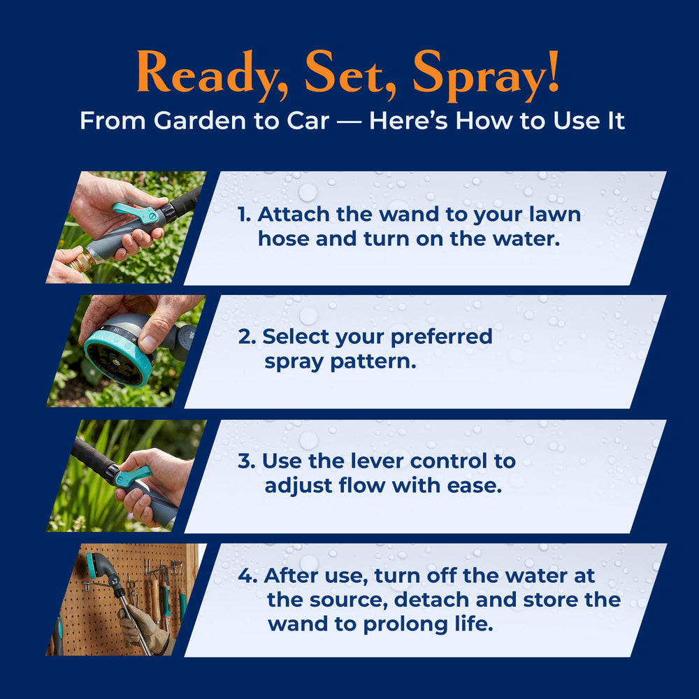 New England Garden Tools rinsing a car with a concentrated jet mode for effective dirt removal