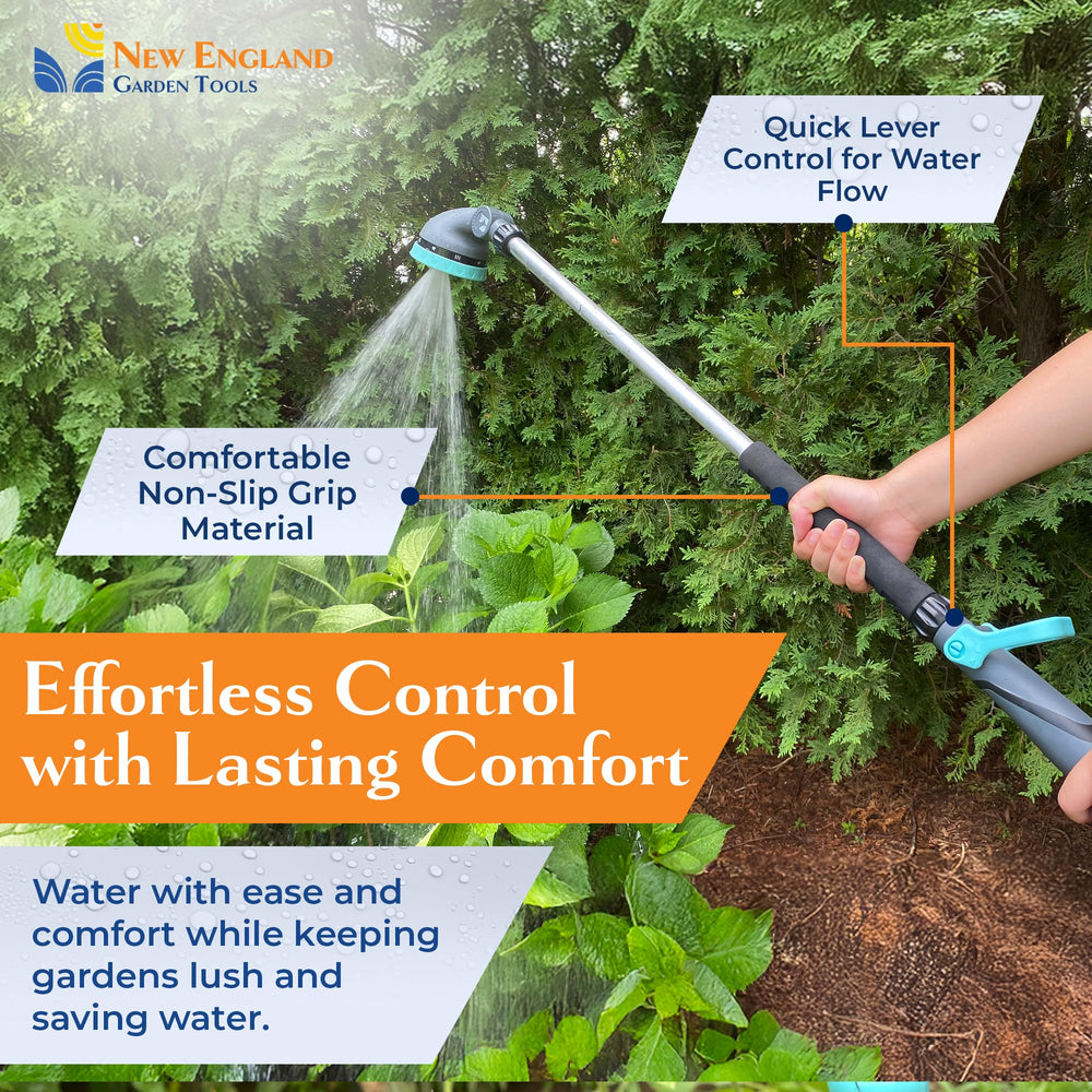 New England Garden Tools wand in use watering hanging baskets to reach high plants without a ladder