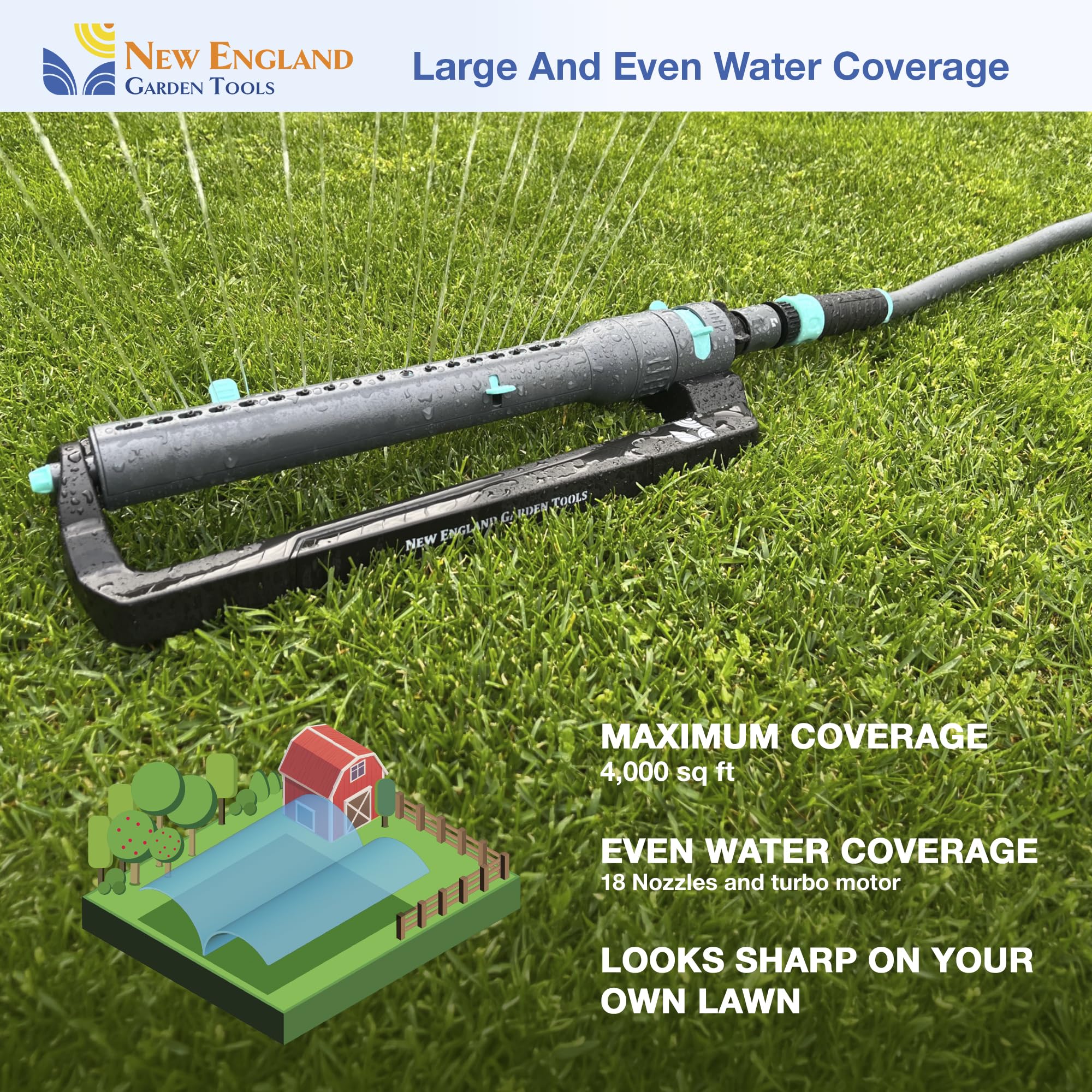 New England Garden Tools sprinkler in use watering lawn for uniform growth