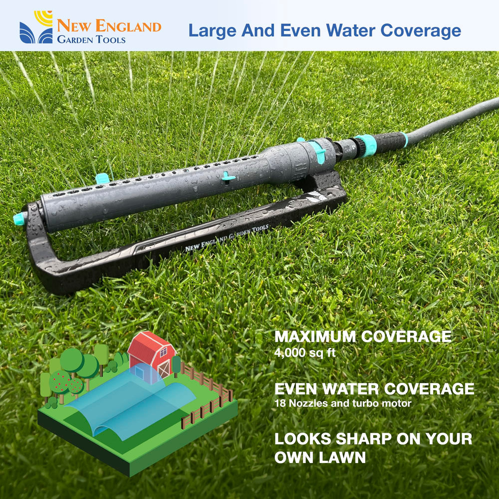 New England Garden Tools sprinkler in use watering lawn for uniform growth