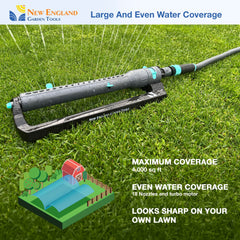 New England Garden Tools sprinkler in use watering lawn for uniform growth