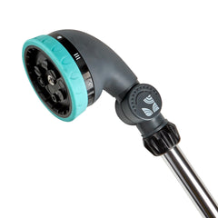 New England Garden Tools close-up of 9-pattern nozzle highlighting clear pattern markings and durable zinc alloy construction