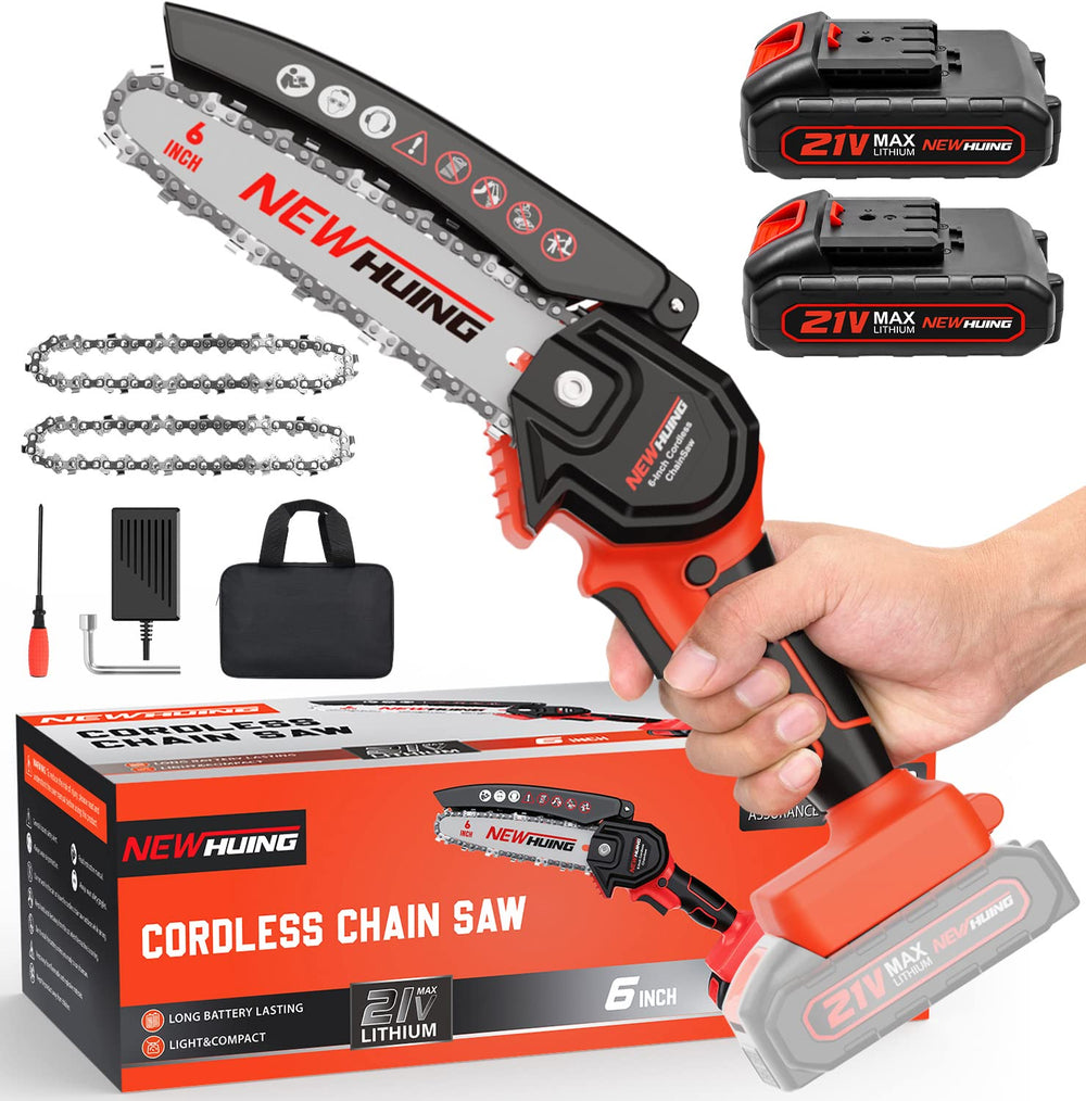 New Huing front view of 6-inch cordless chainsaw showing compact design and portability