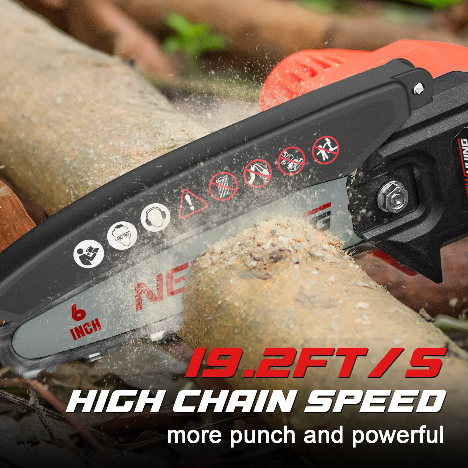 New Huing next to a 6-inch log illustrating cutting capacity and size reference