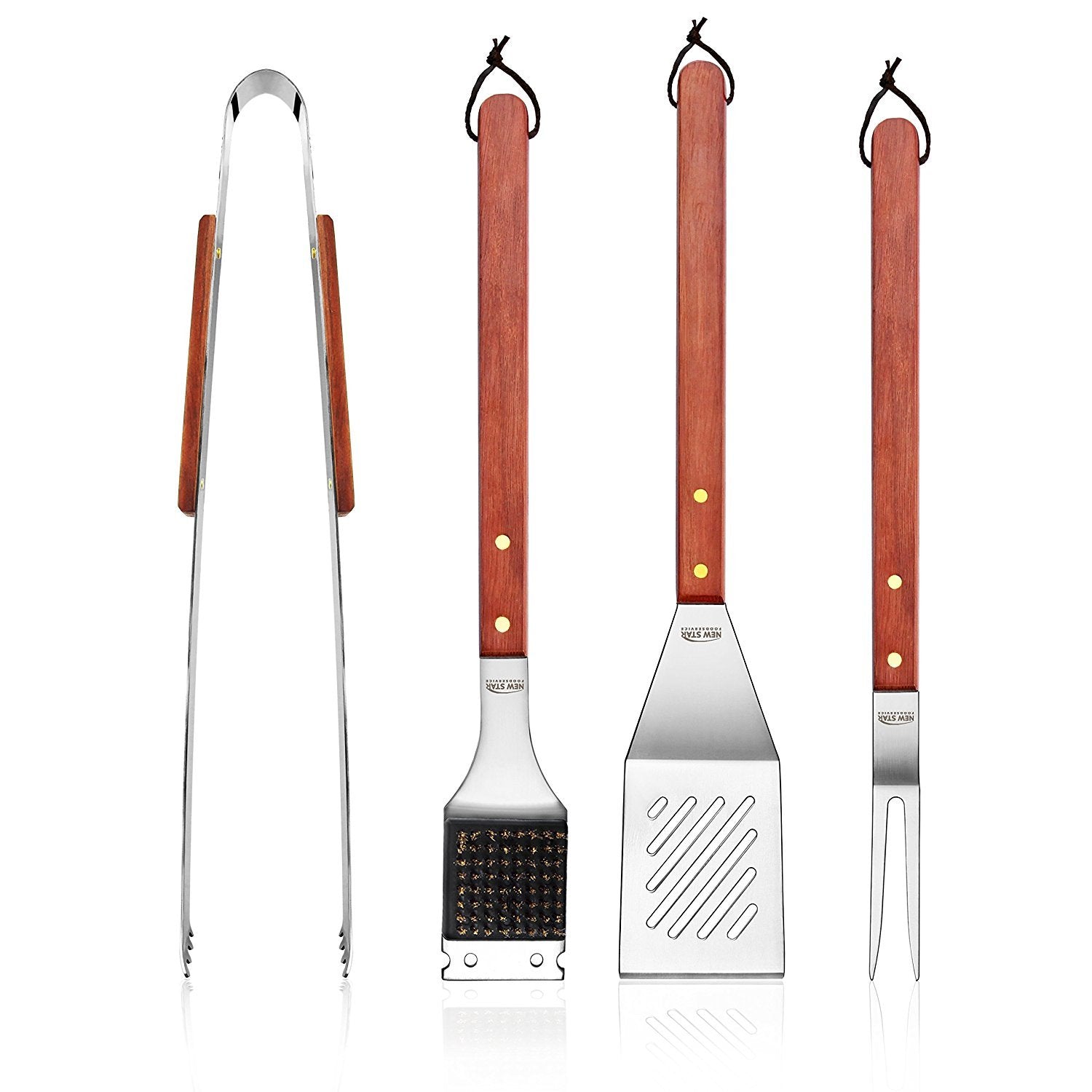 New Star Foodservice front view of 4-piece BBQ set showing complete tool lineup and professional build