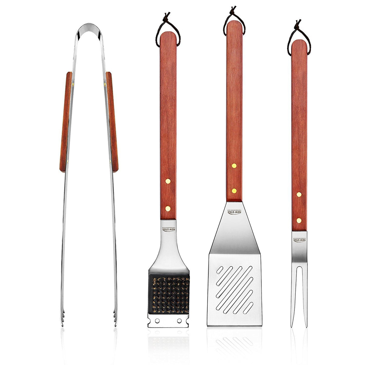 New Star Foodservice front view of 4-piece BBQ set showing complete tool lineup and professional build