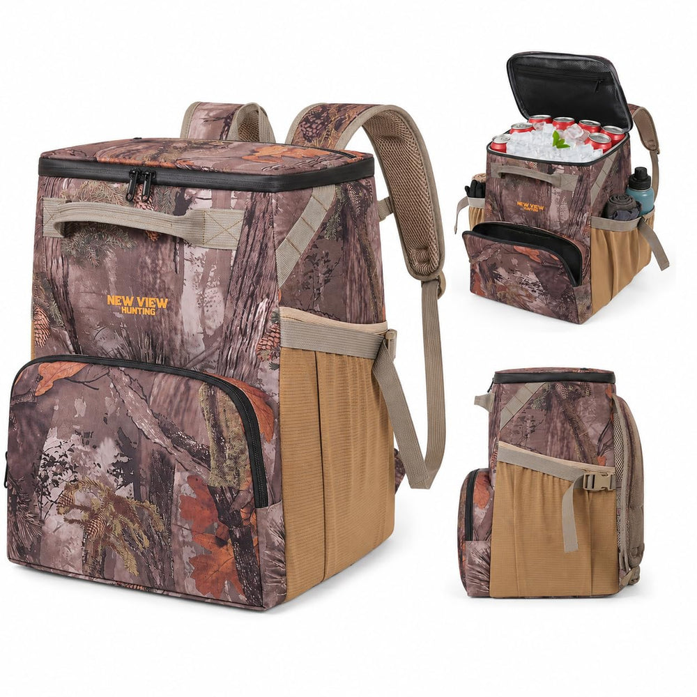 NEW VIEW front view camo backpack showing organized exterior pockets and durable build benefit