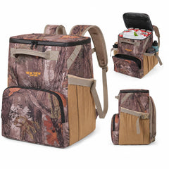 NEW VIEW front view camo backpack showing organized exterior pockets and durable build benefit