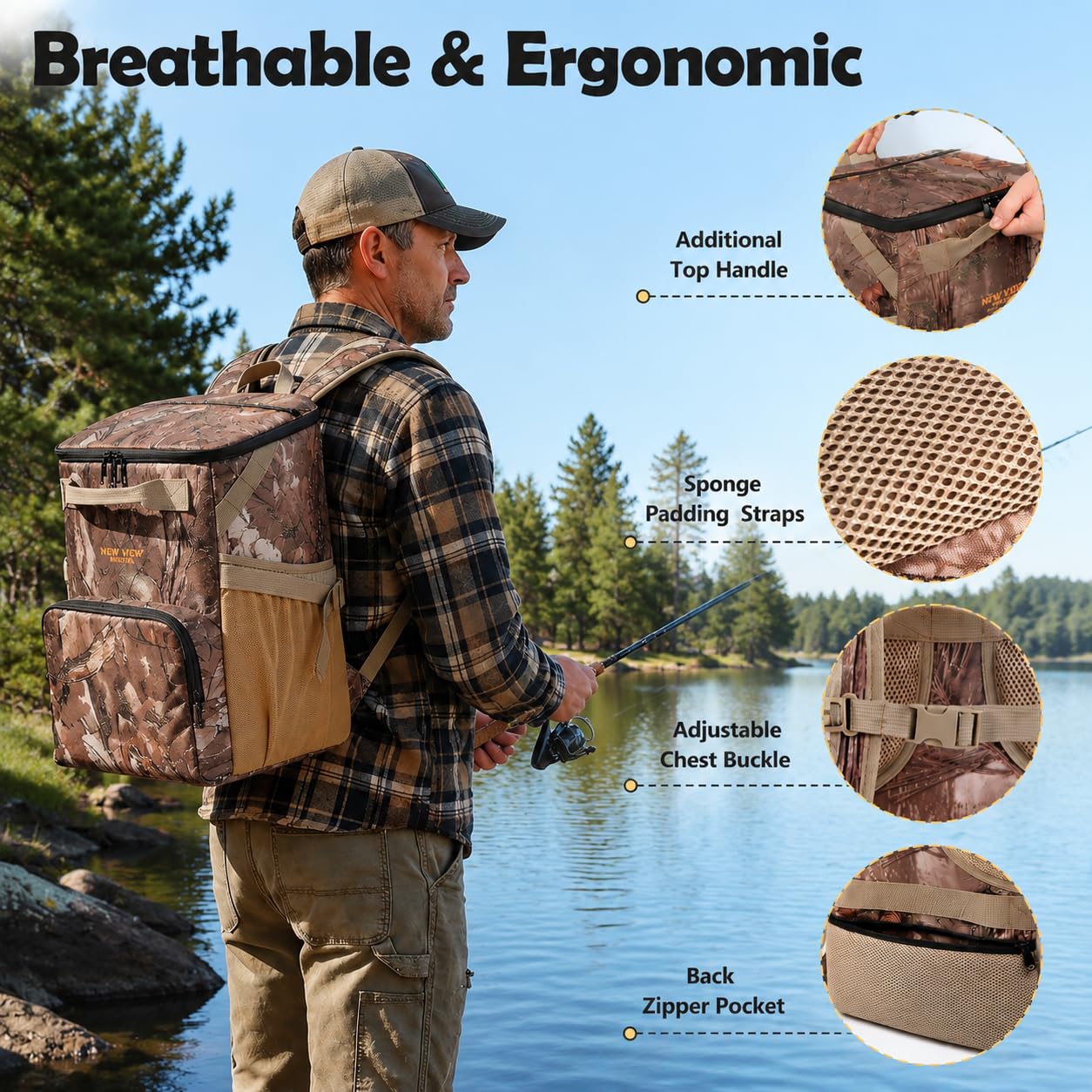 NEW VIEW backpack in use at beach carrying chilled drinks and snacks for hands-free convenience benefit