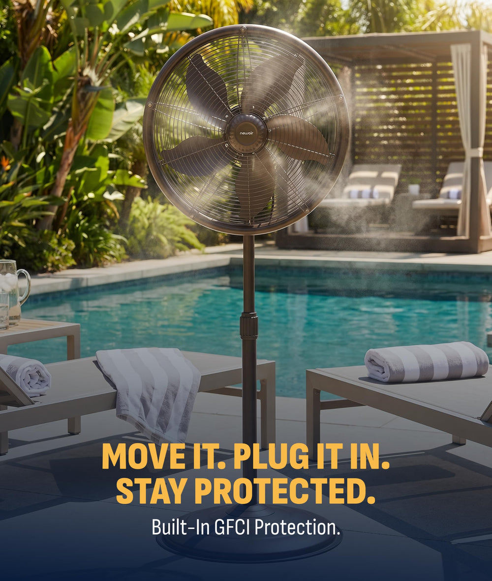 NewAir fan placed poolside delivering cooling breeze for outdoor relaxation