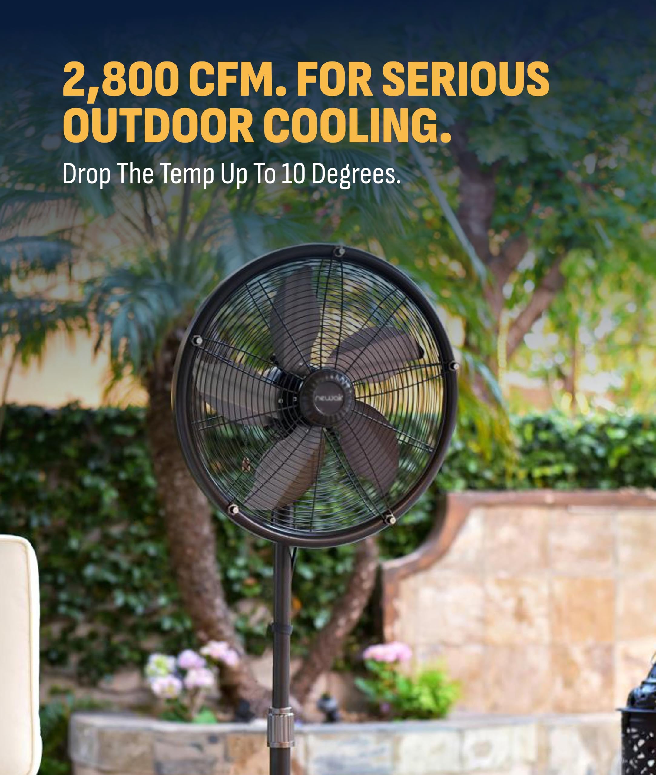 NewAir fan oscillating across patio distributing mist and breezy comfort