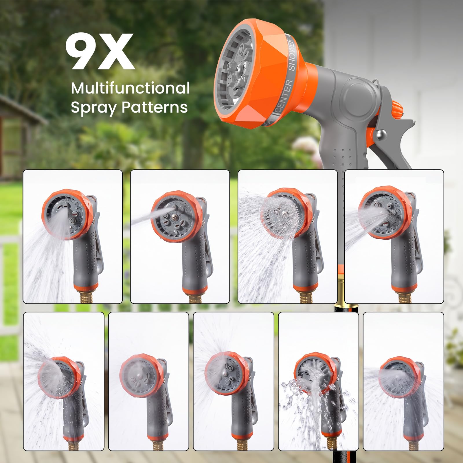NEWBULIG nine-pattern nozzle held in hand showing versatile spray benefit