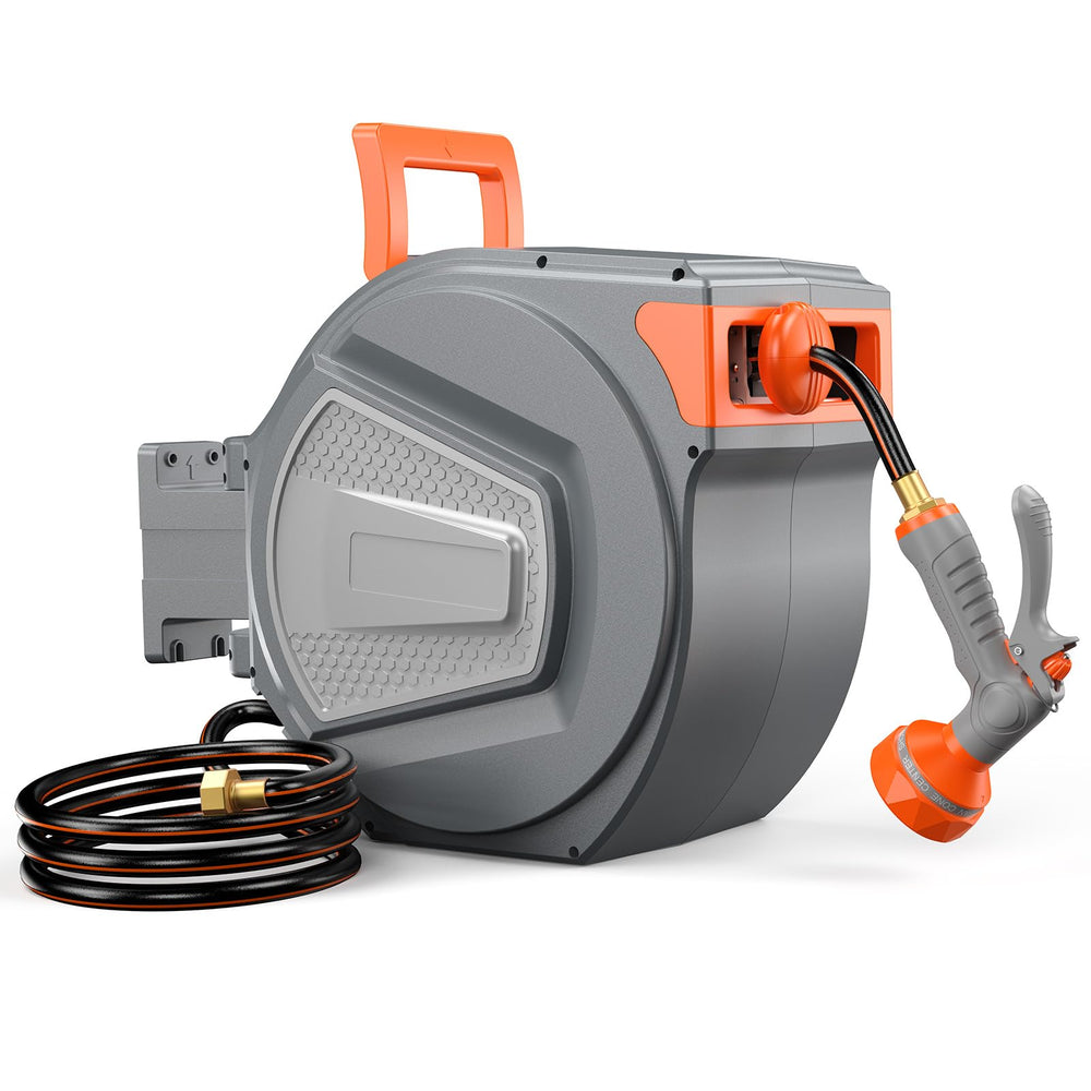 NEWBULIG front view of retractable hose reel showing compact storage benefit