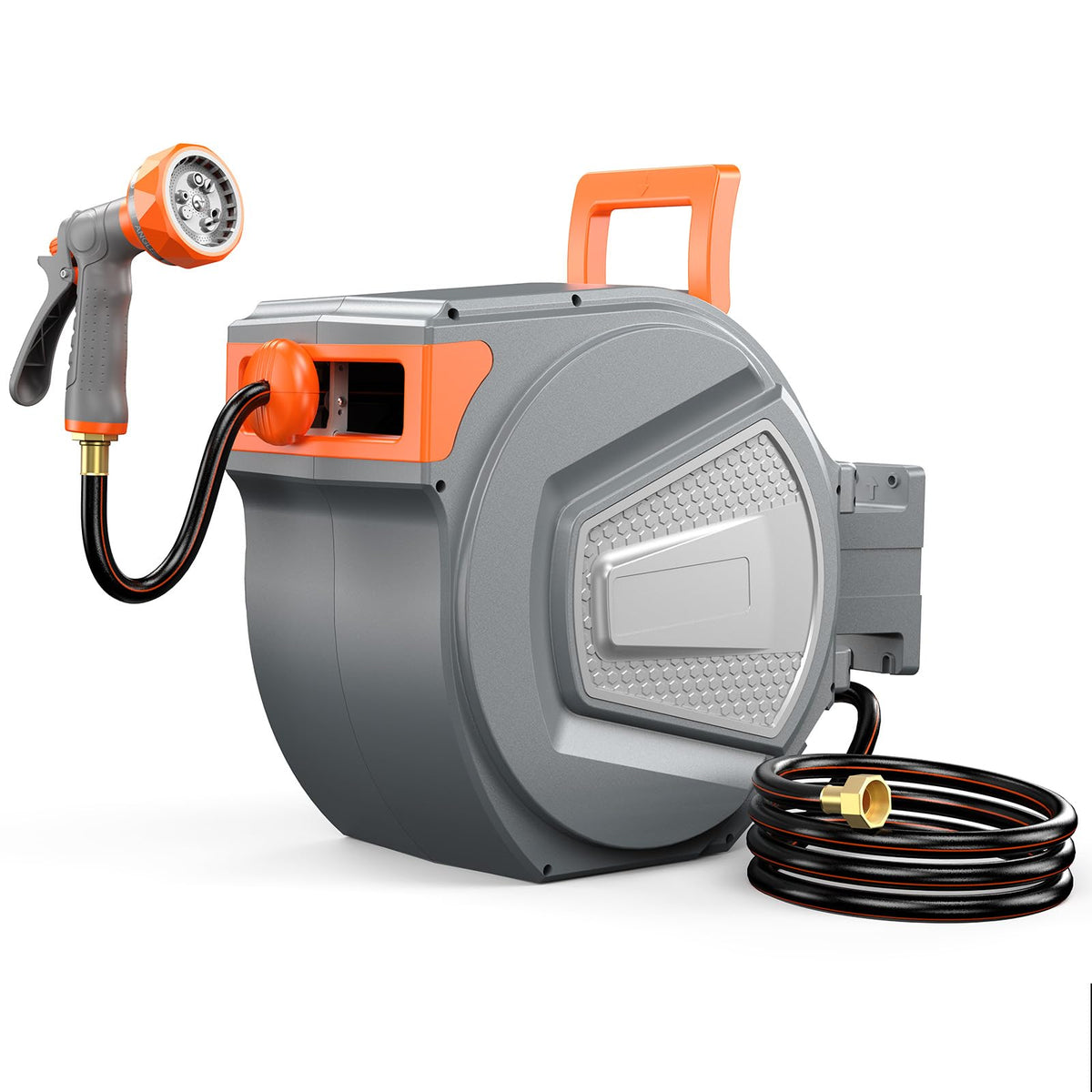 NEWBULIG wall-mounted reel showing compact storage and space savings
