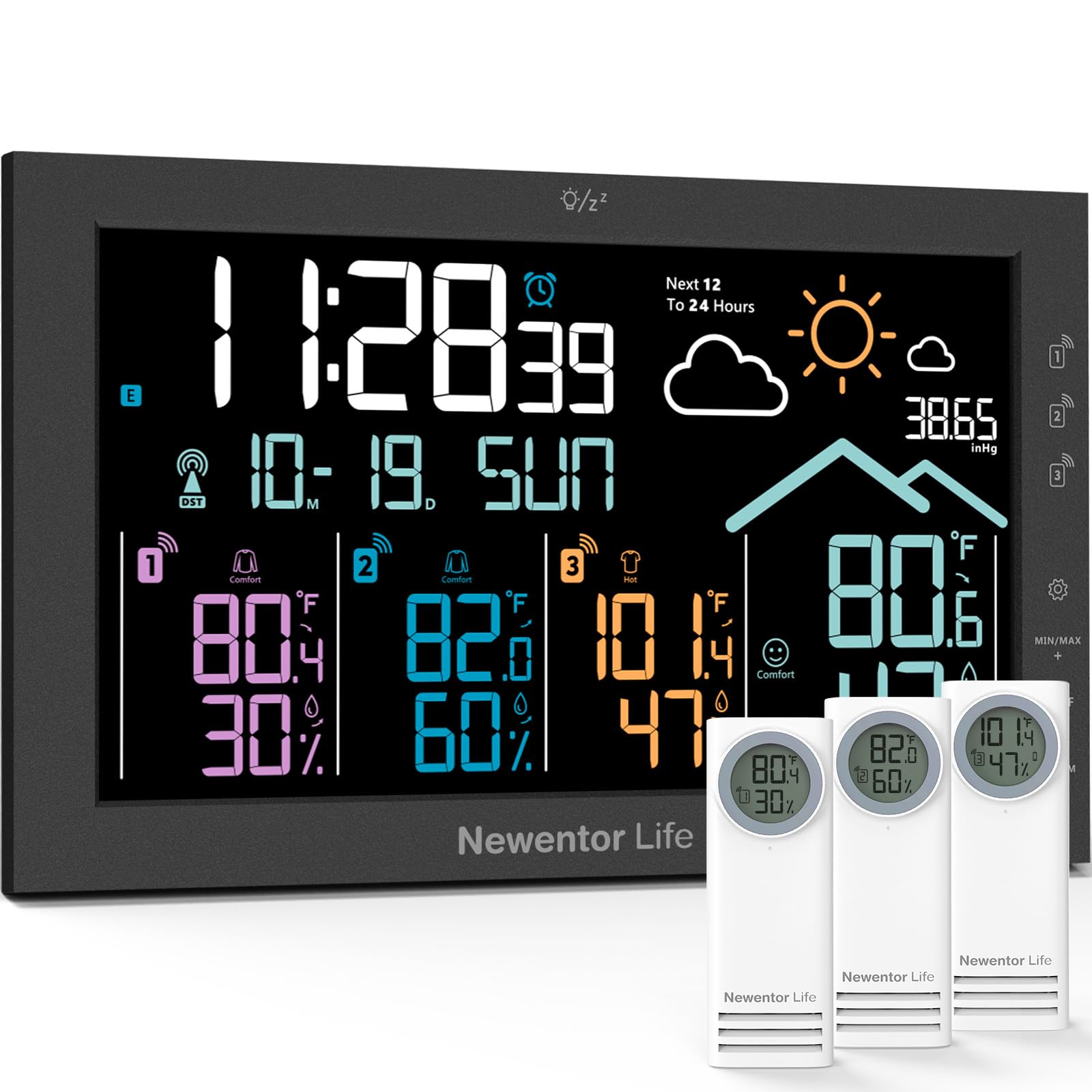 Newentor console front display showing large readable weather data for easy glance