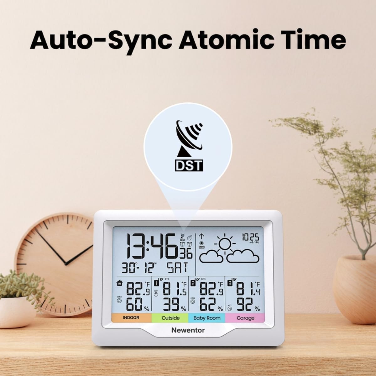 Newentor display showing atomic clock synced for precise timekeeping