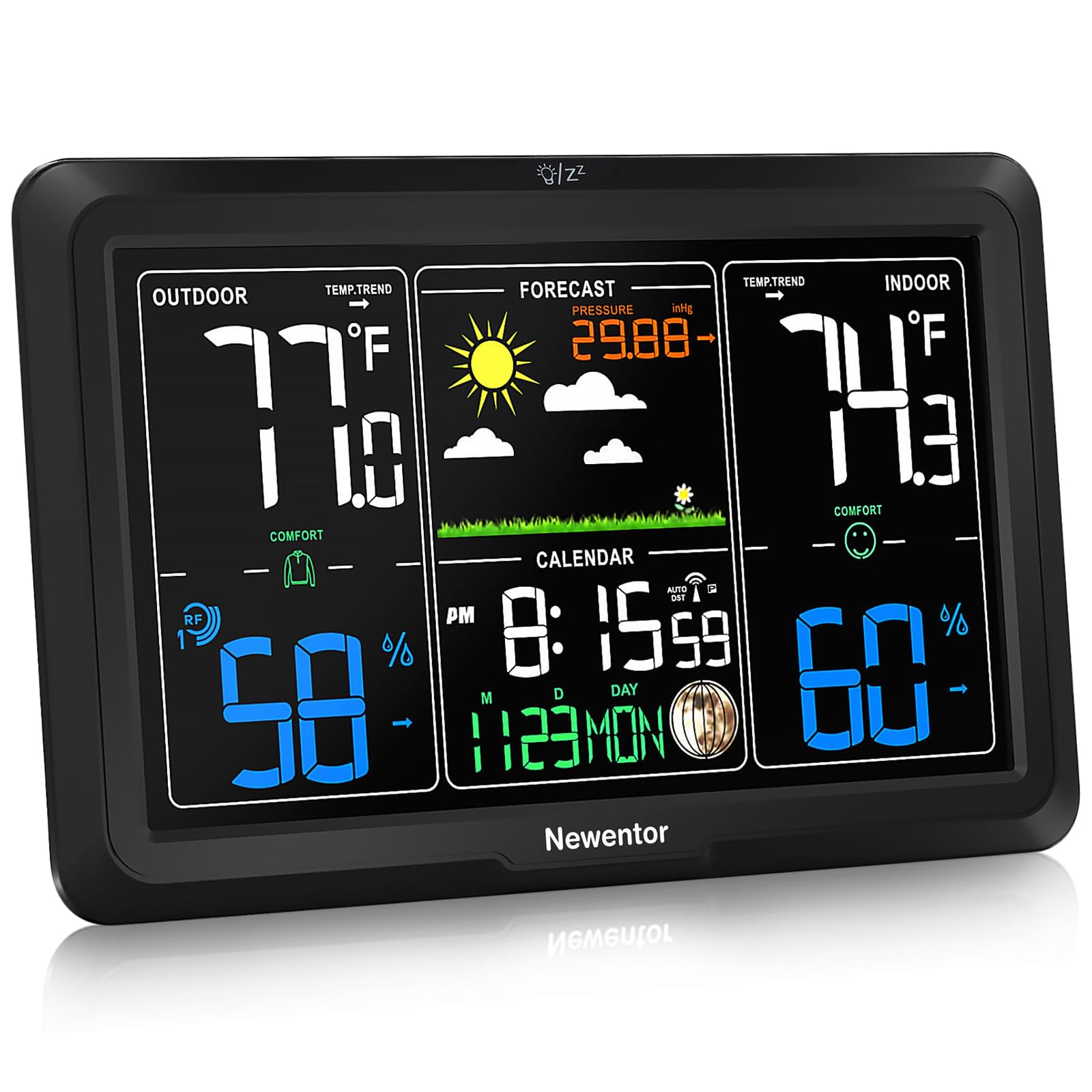 Newentor front display showing time and weather readings, clear at a glance