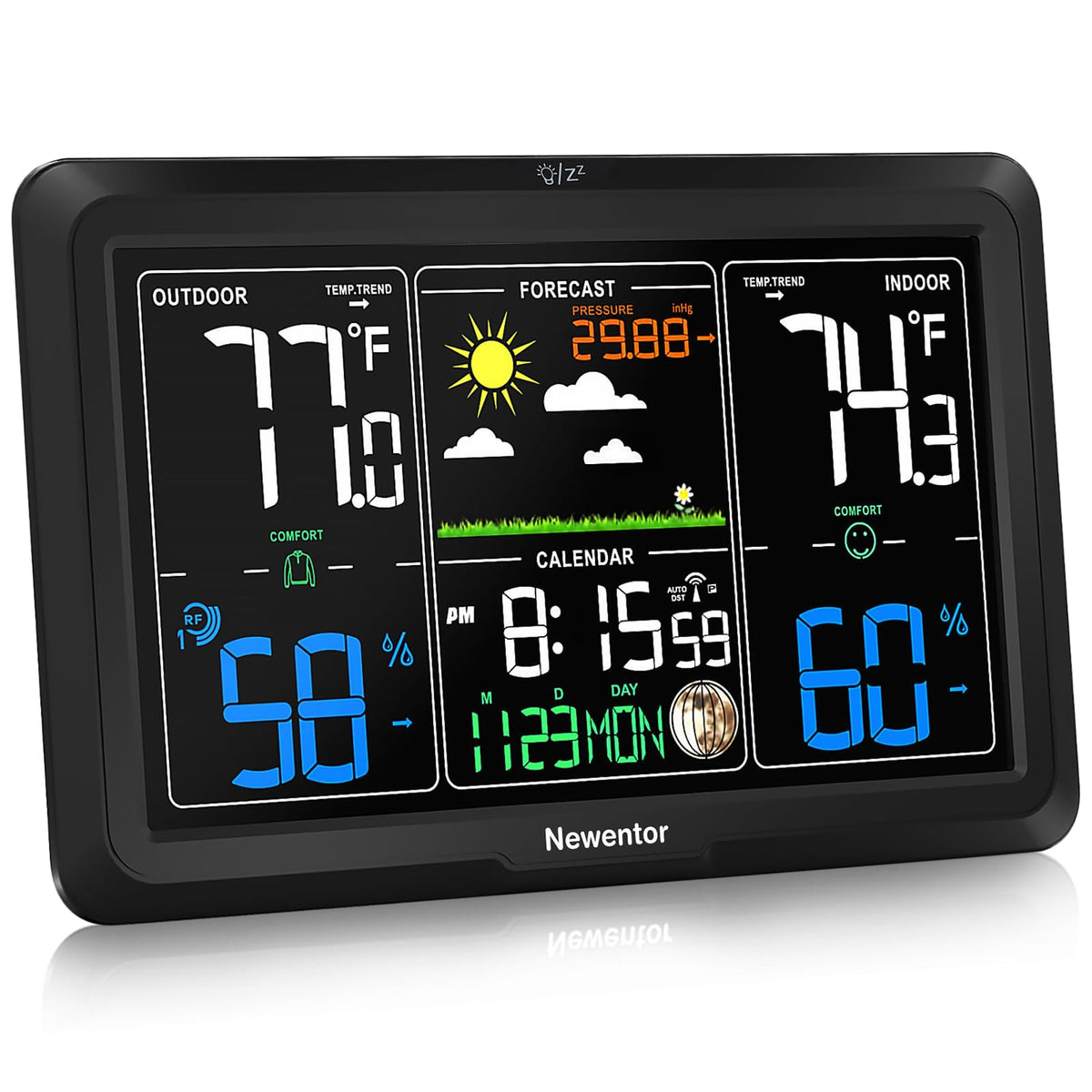 Newentor front display showing time and weather readings, clear at a glance