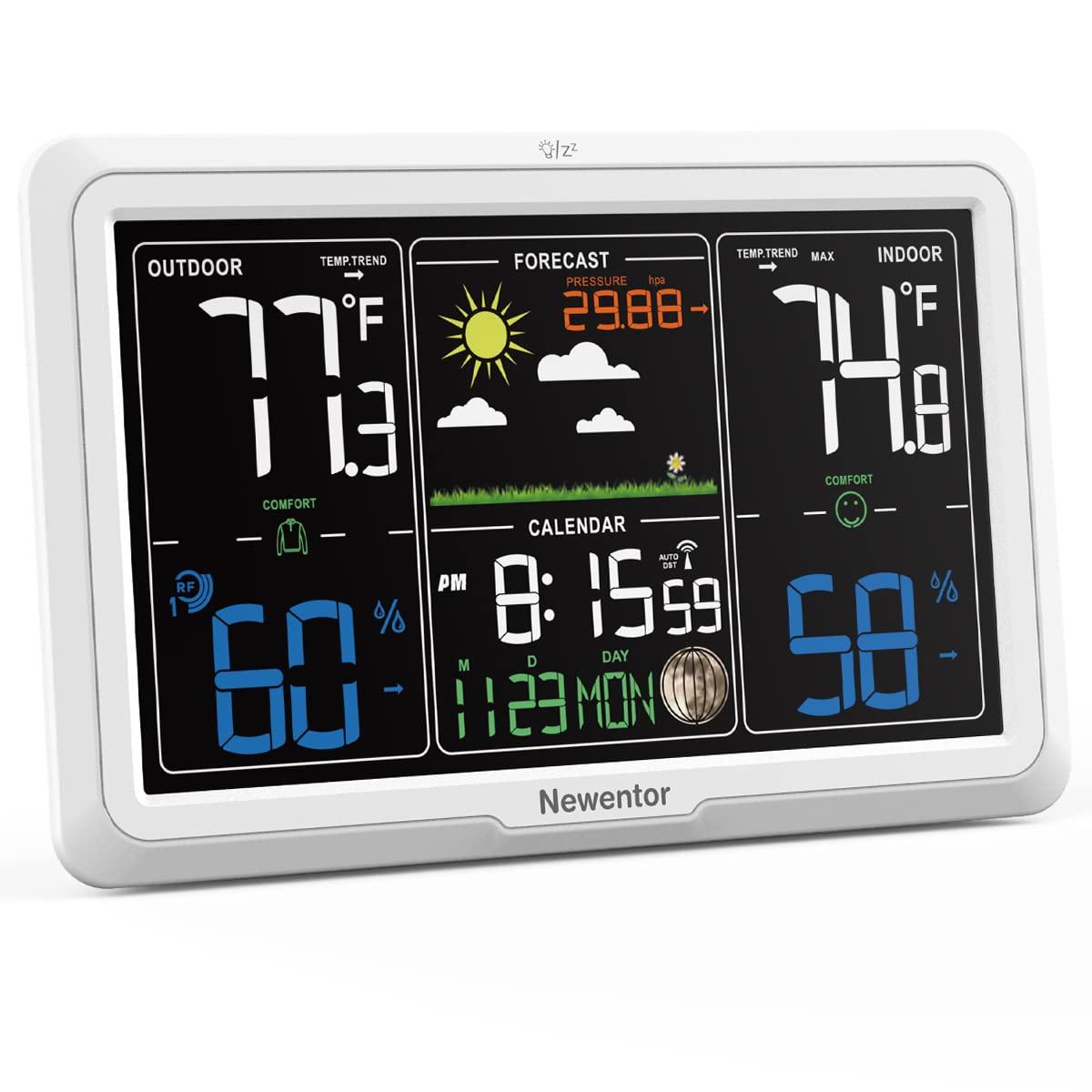 Newentor weather station front display showing time and humidity for quick indoor monitoring