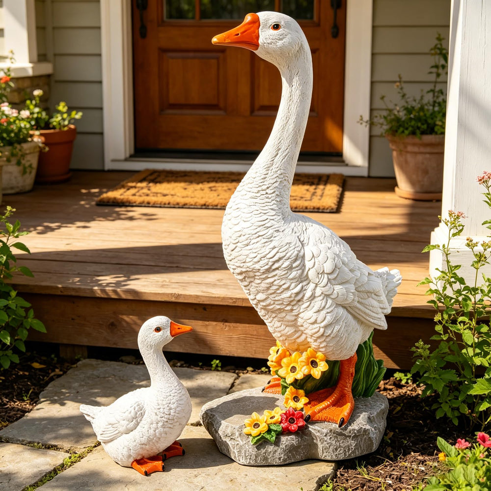 Newinhome front view of mother and baby geese adding curb appeal