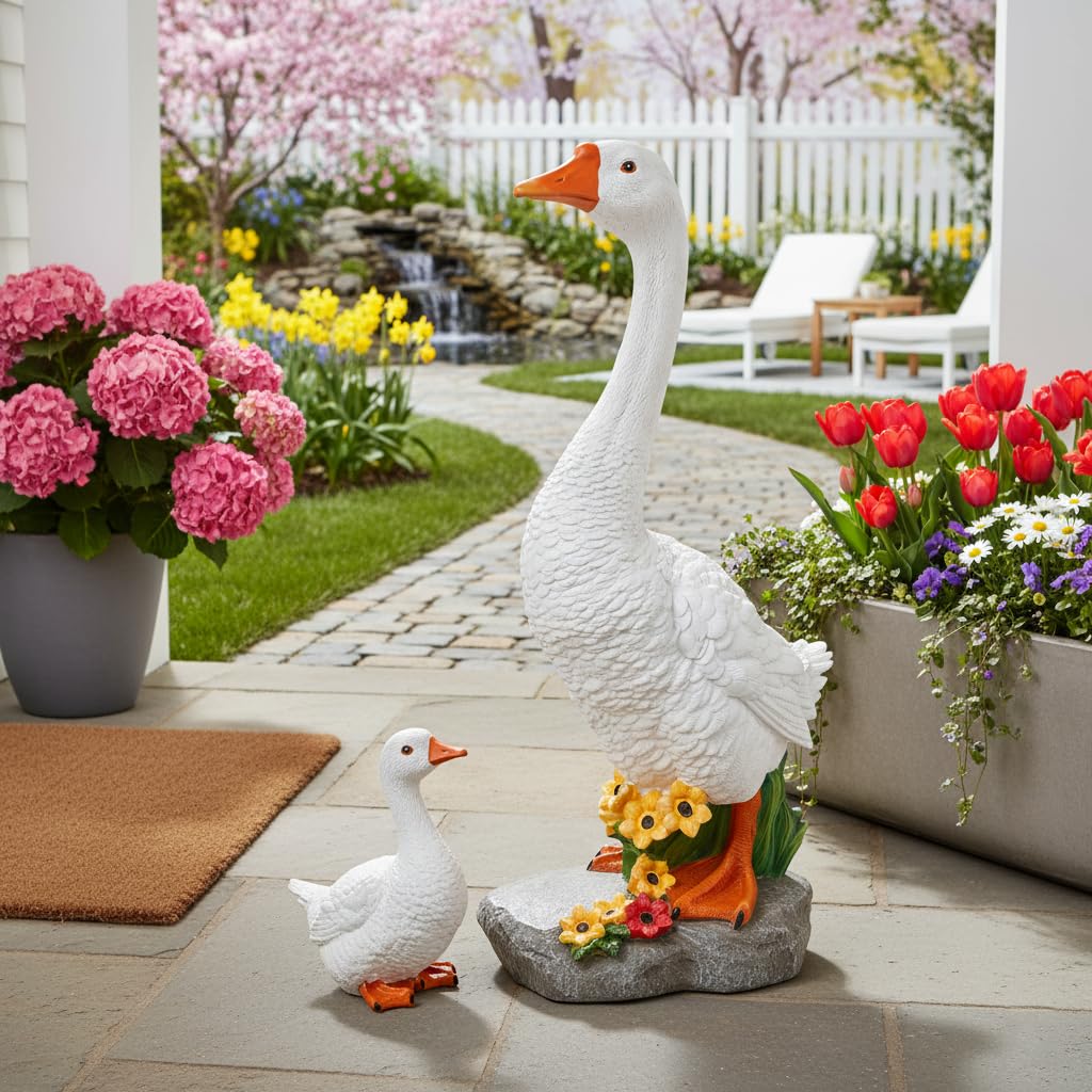 Newinhome geese beside plant pot to show size and scale in yard