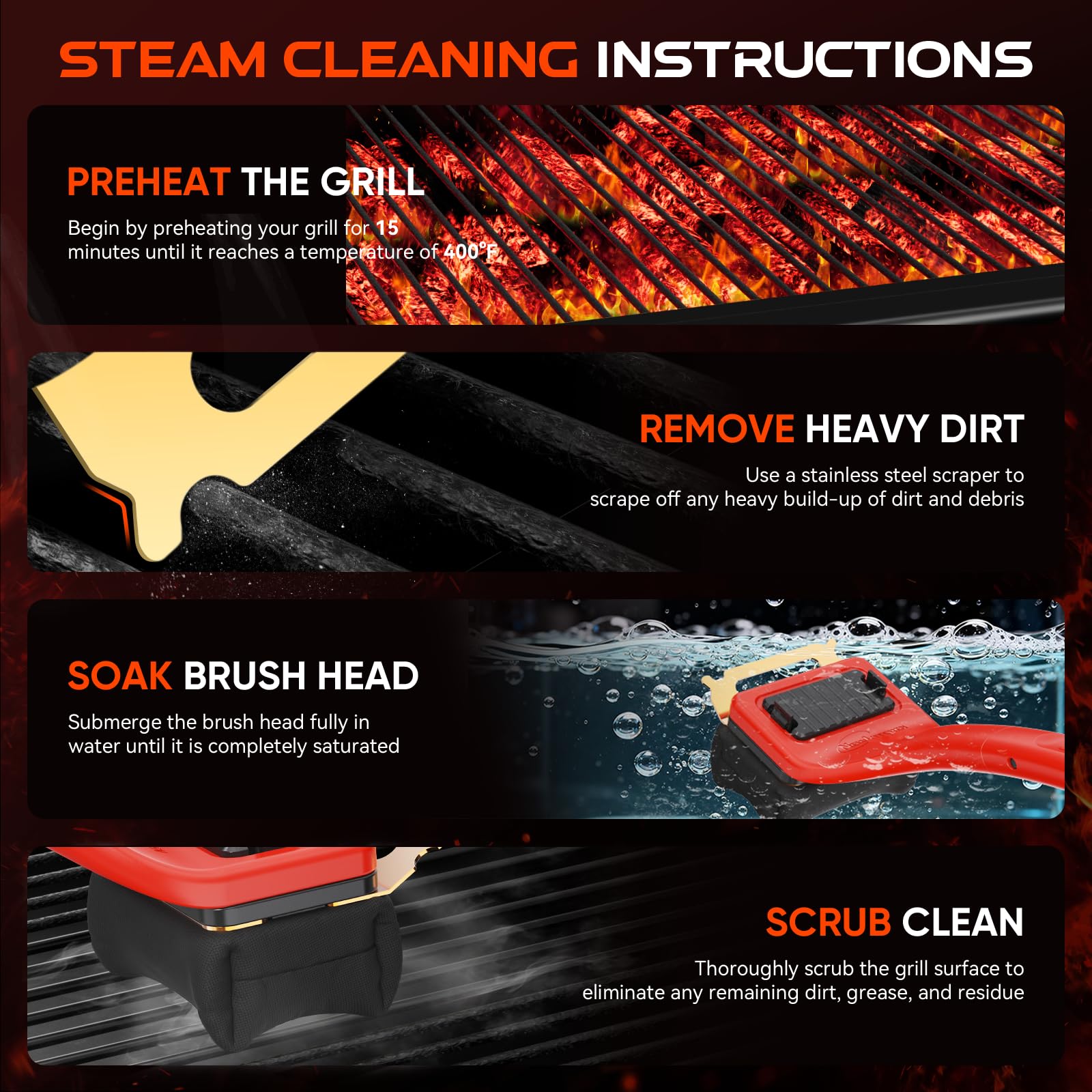 NEWKITCHEN brush in use on grill grates showing faster cleanup and reduced effort