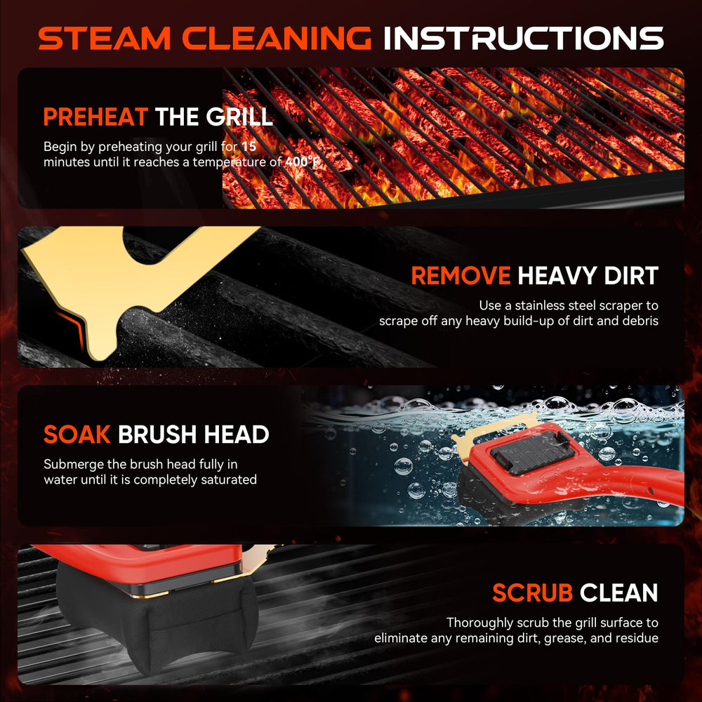 NEWKITCHEN brush in use on grill grates showing faster cleanup and reduced effort
