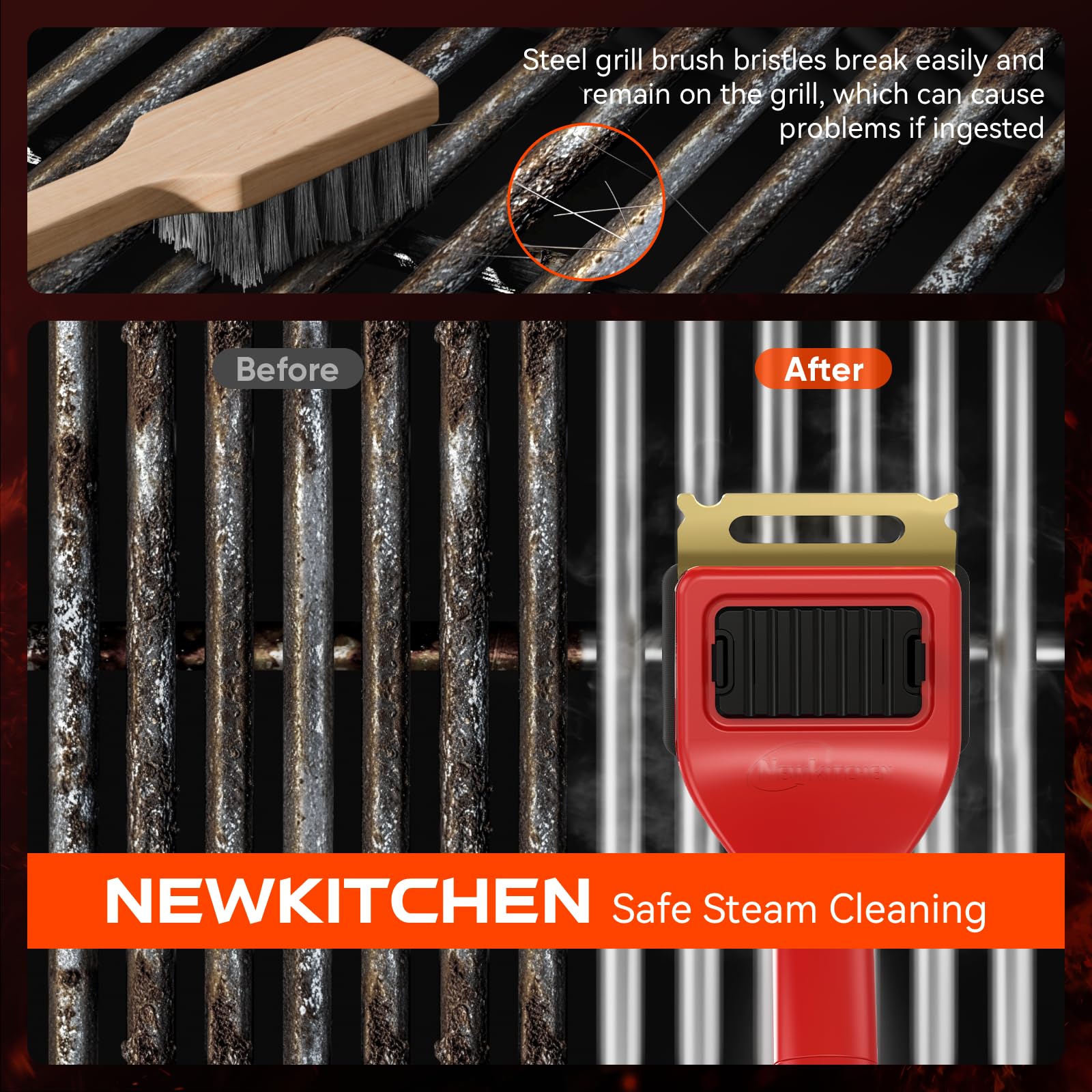 NEWKITCHEN steam action demonstration showing steam loosening grease on hot grates