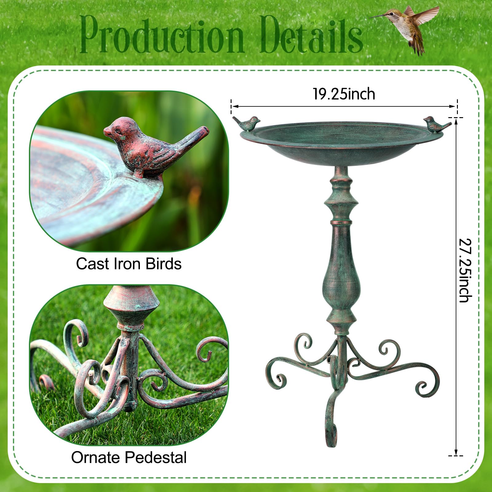 Newtay birdbath closeup of cast iron birds on rim highlighting decorative detail