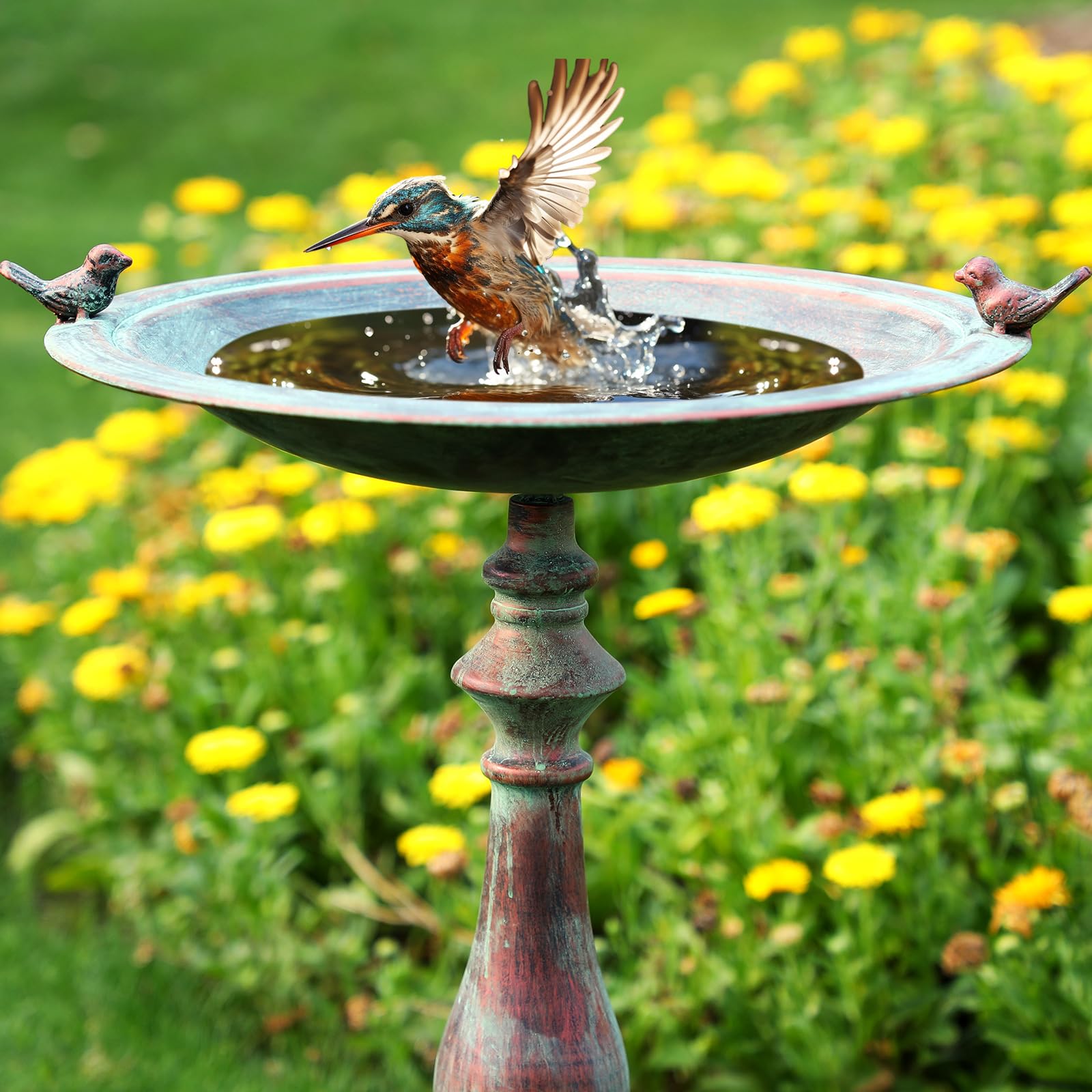 Newtay birdbath beside patio chair showing scale and easy placement benefit