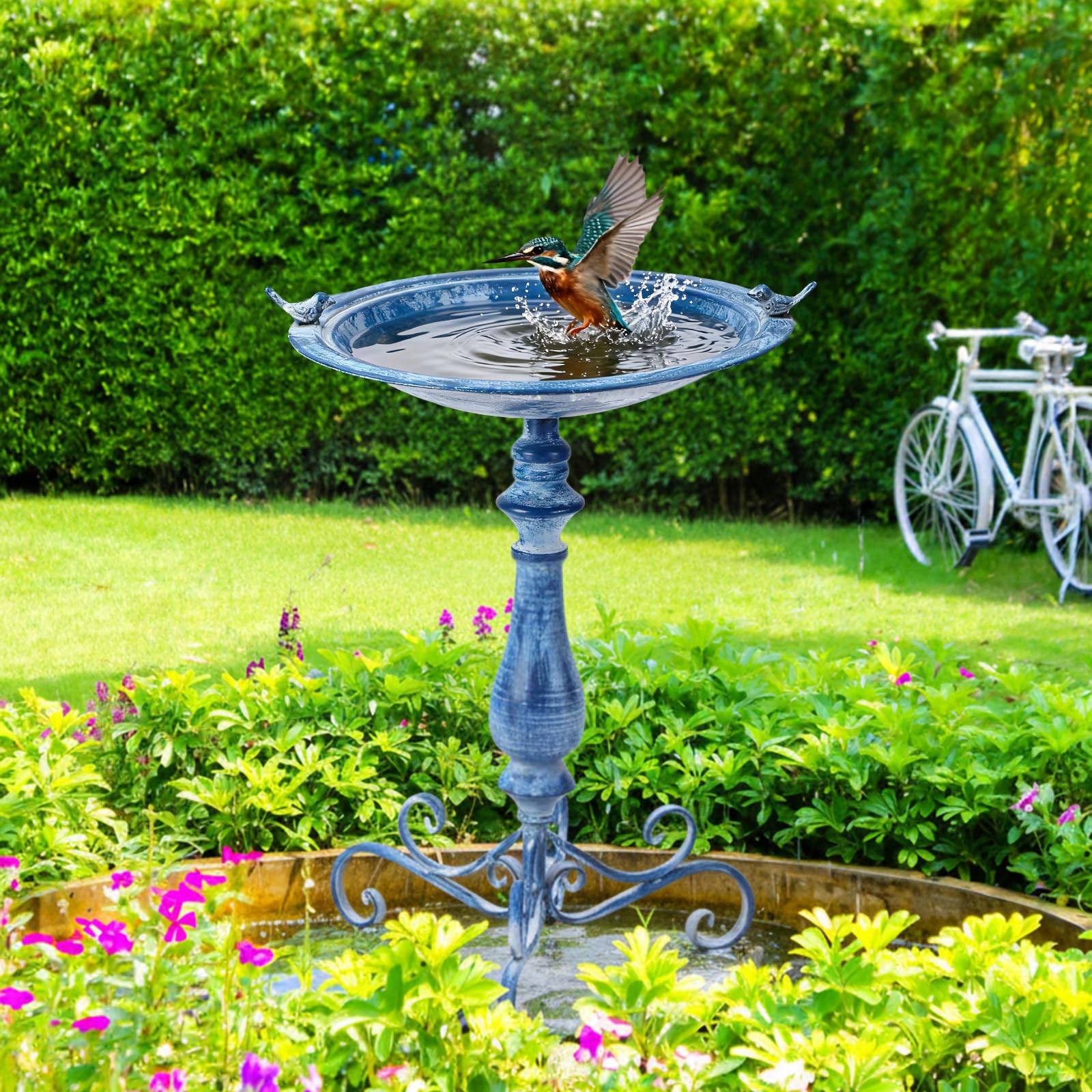 Newtay birdbath shallow basin with water showing safe bathing surface for small birds