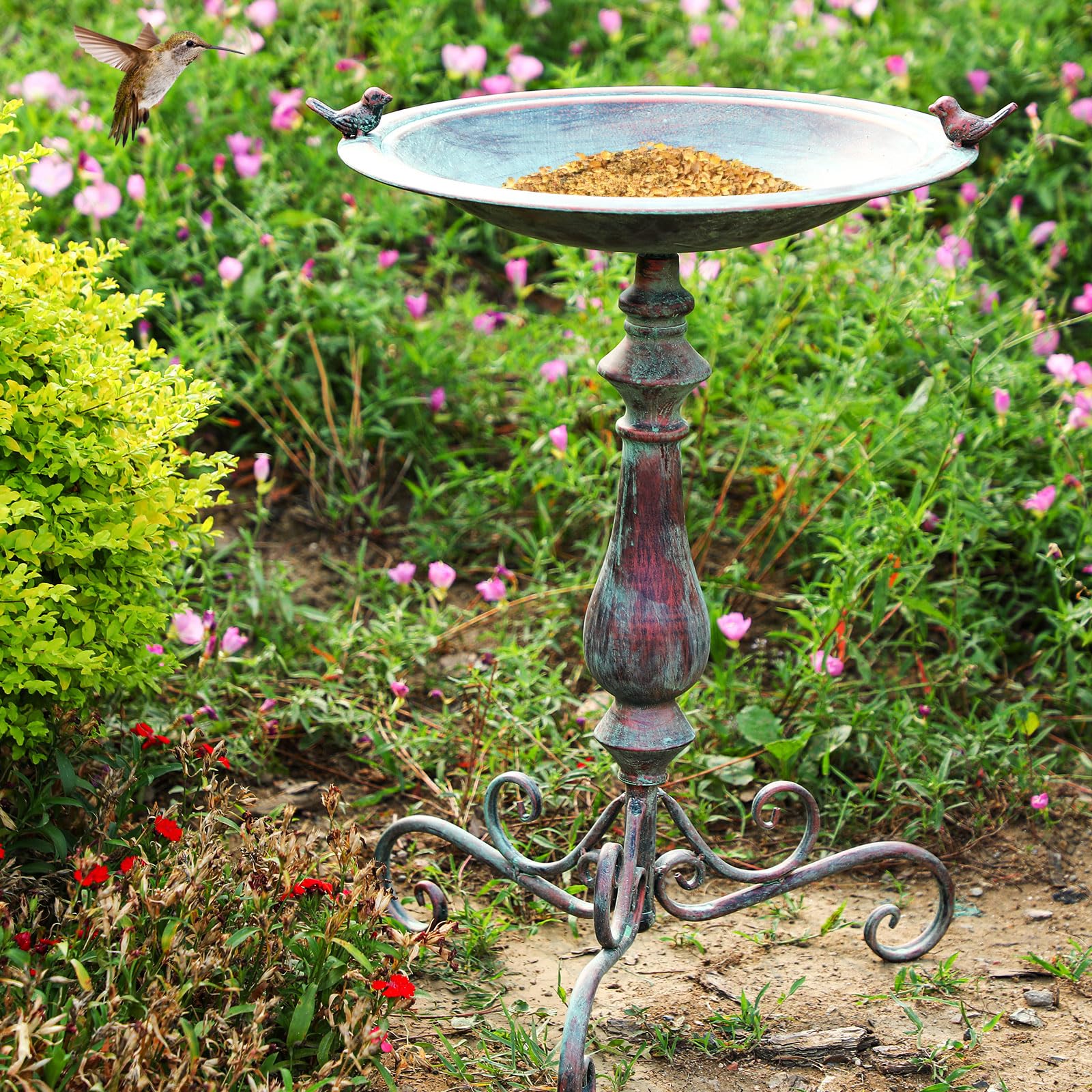 Newtay birdbath with potted flowers and visiting birds demonstrating versatility