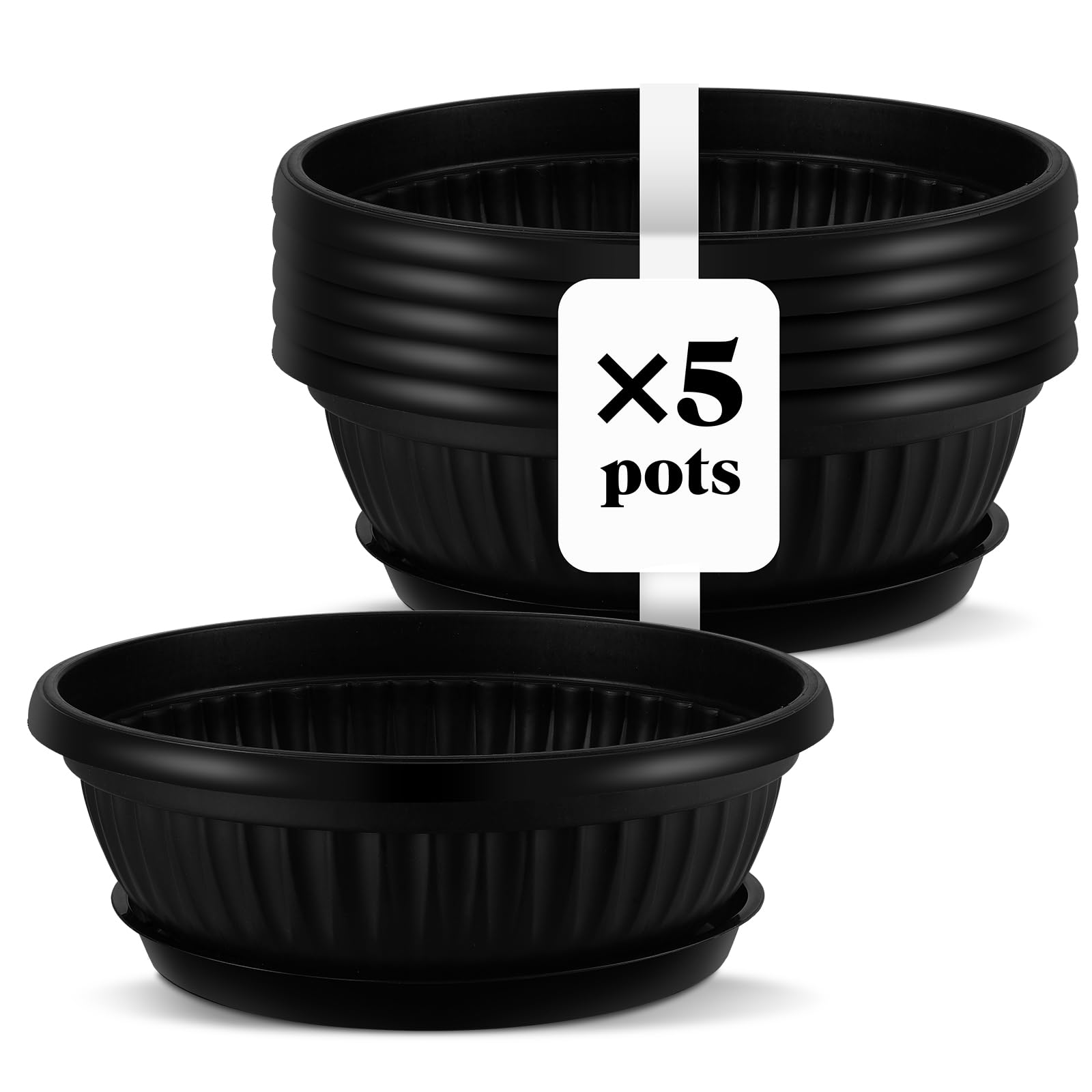 Newtay front view of five black planter bowls showing clean design and value