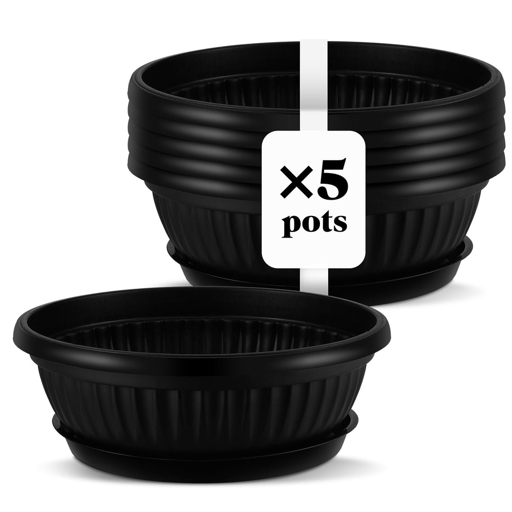 Newtay front view of five black planter bowls showing clean design and value