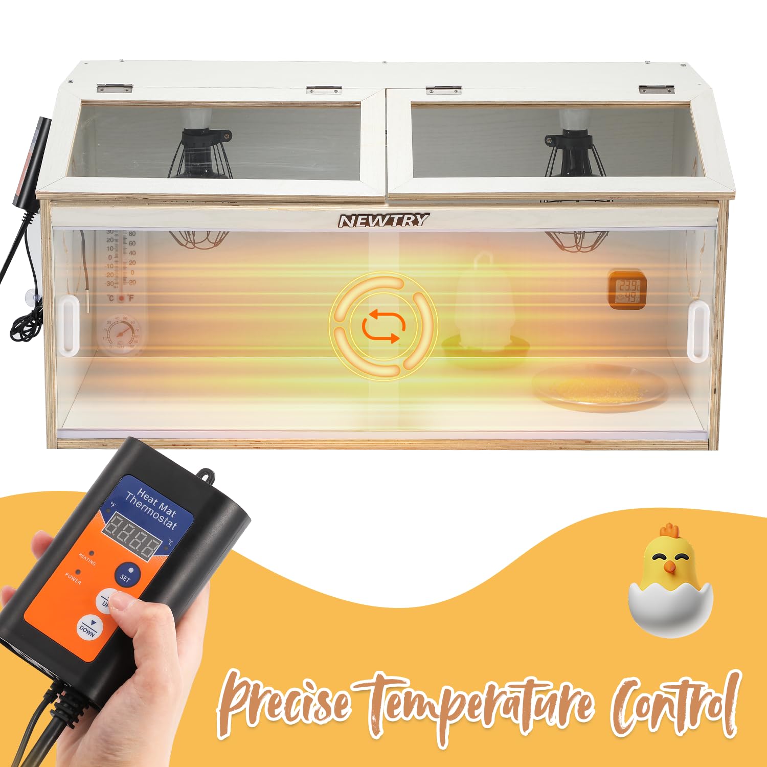 NEWTRY feeder and waterer inside brooder for convenient feeding and clean hydration