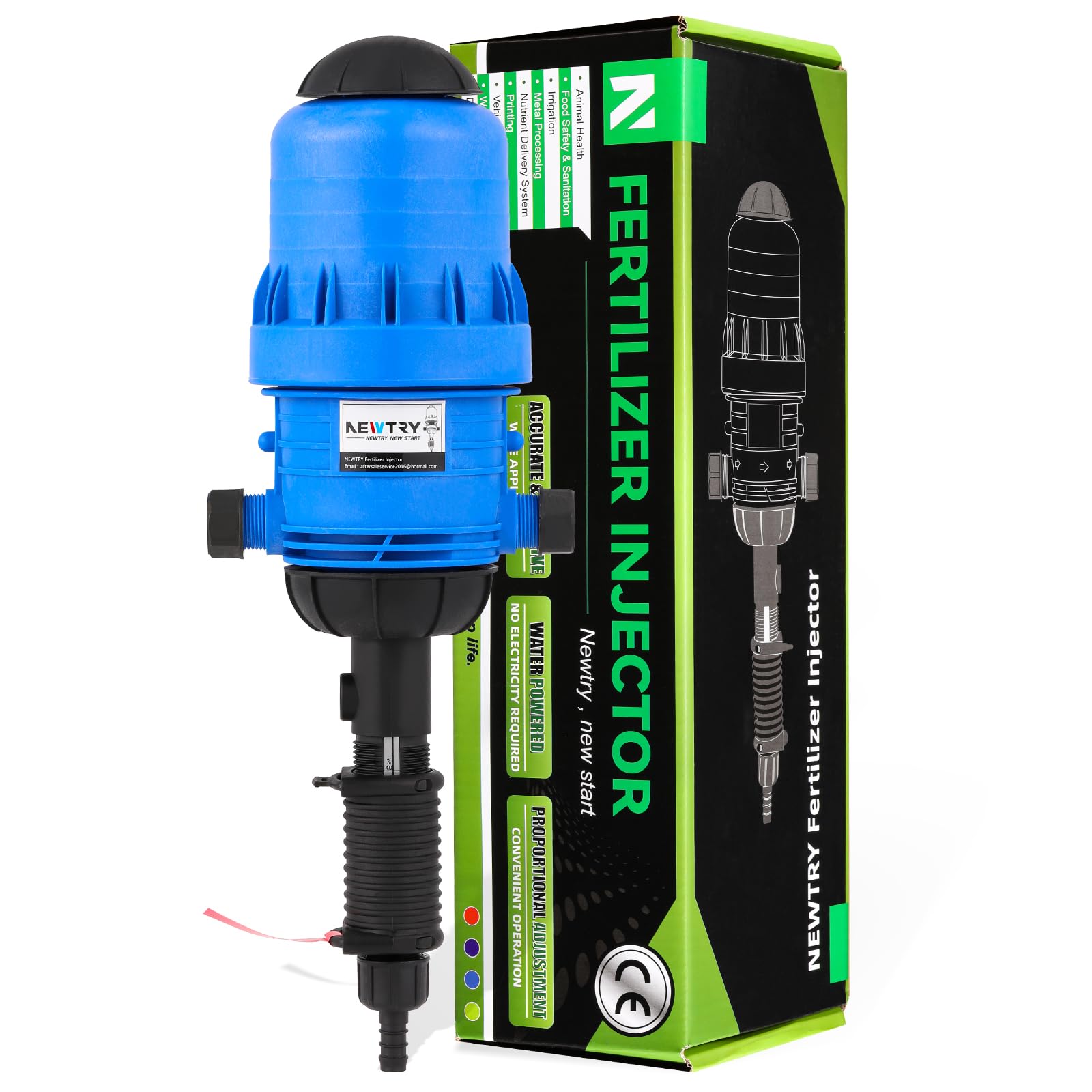 NEWTRY injector front view showing durable housing and 3/4" NPT benefit precise installs