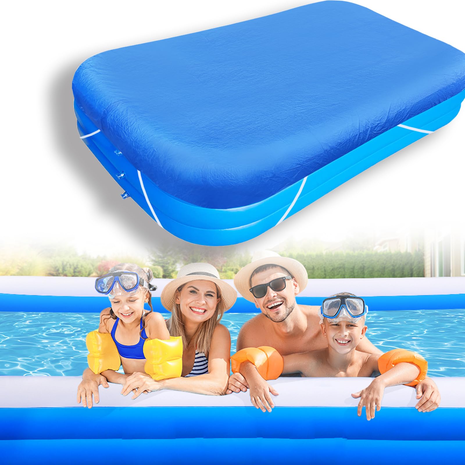 NEWUPZSI front view of rectangular pool cover showing full fit and protection