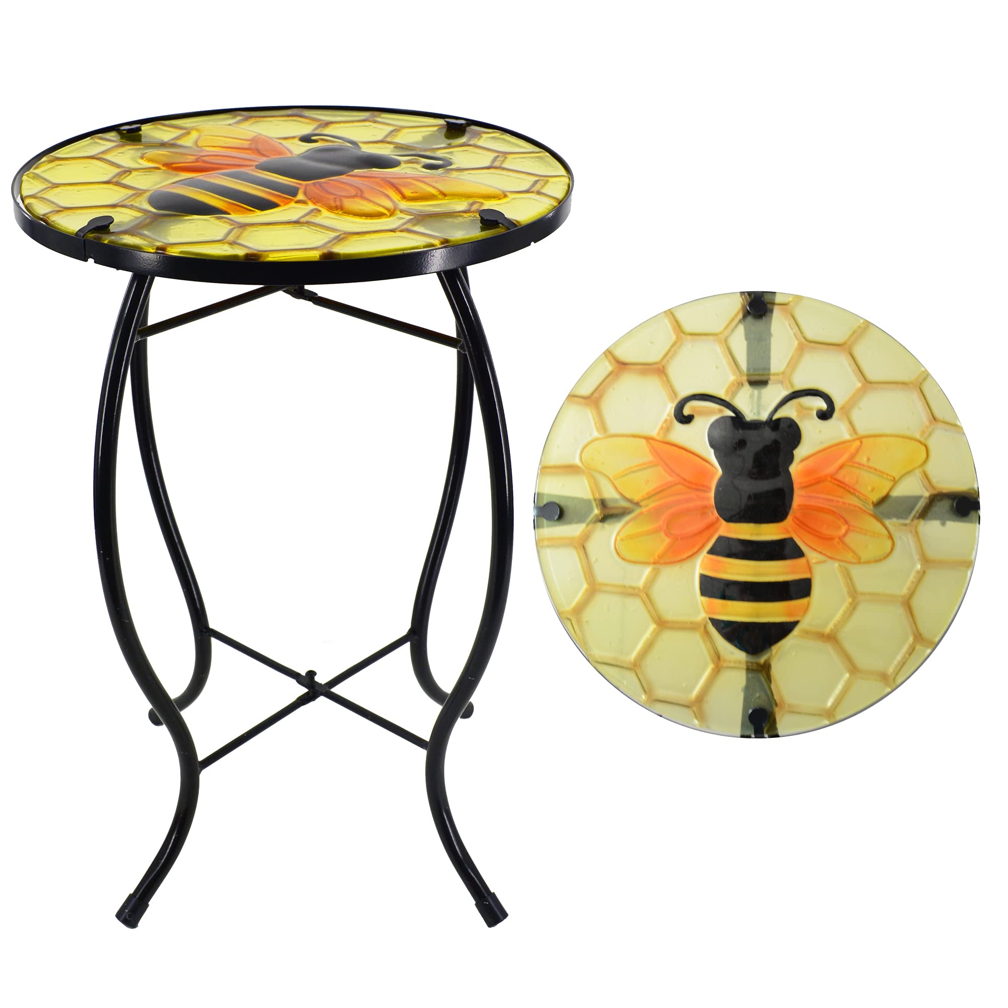 NewVees bee patio side table front view showing full bee motif and frame, decorative curb appeal