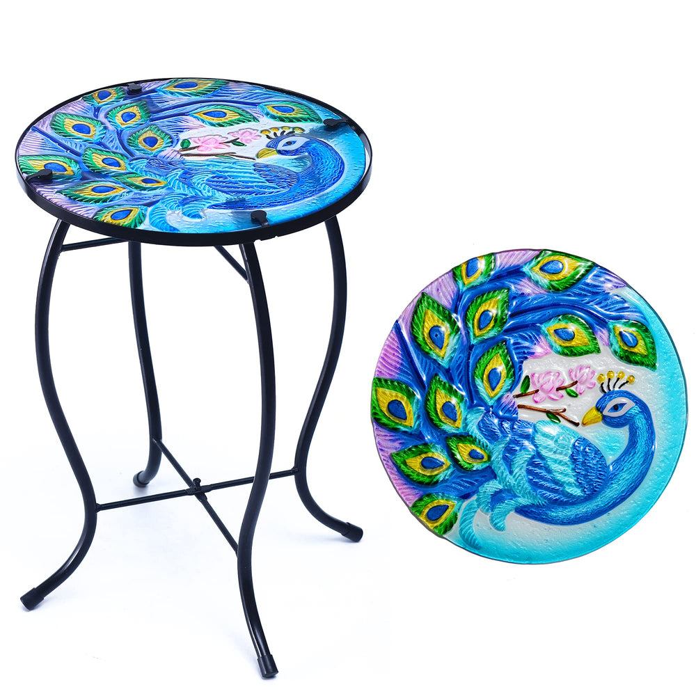 NewVees peacock patio side table front view showing painted glass and metal frame benefit: decorative focal point