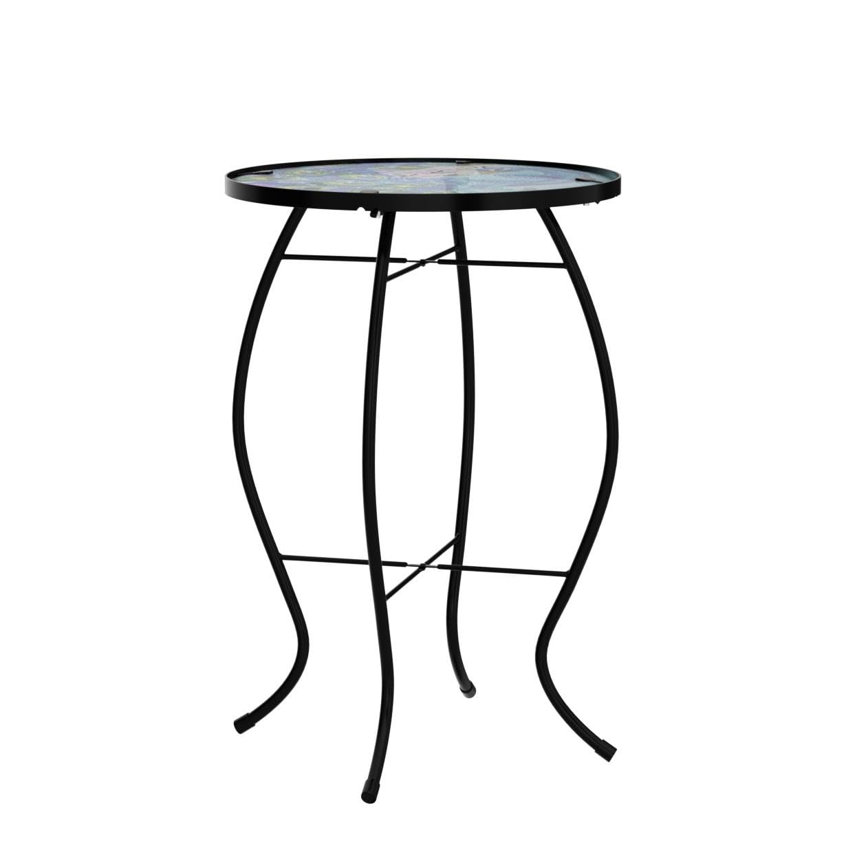 NewVees peacock table in use on patio holding drink and plant benefit: compact convenient surface