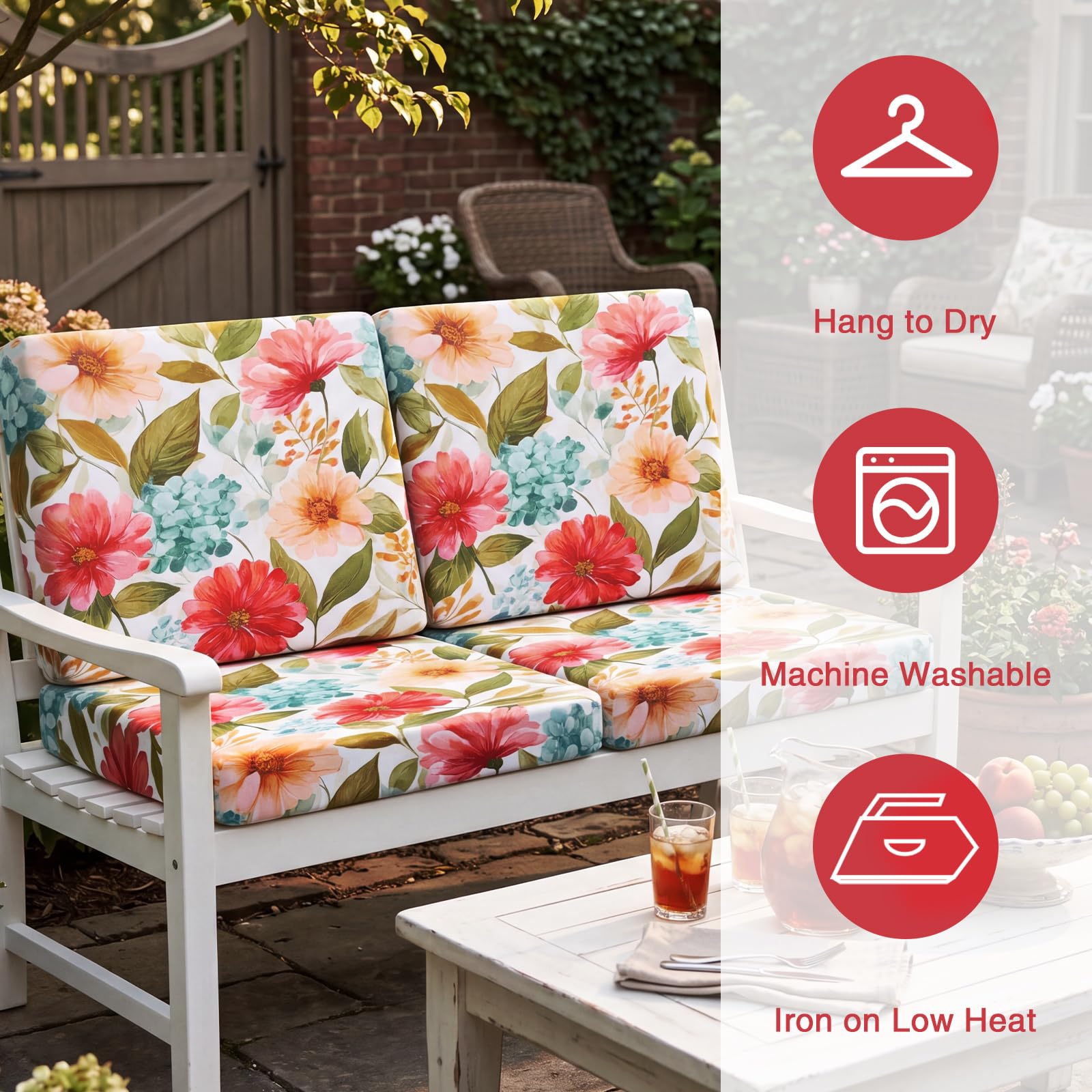 Newwiee cushion cover fitted on patio sofa demonstrating water-resistant protection