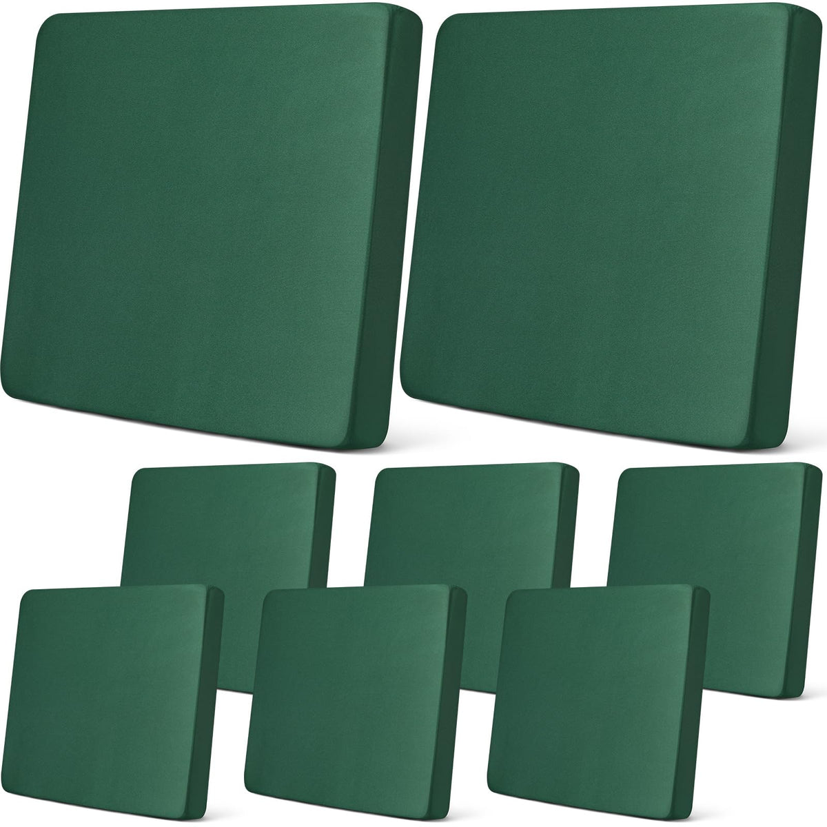 Newwiee front view of eight dark green cushion covers, protects cushions
