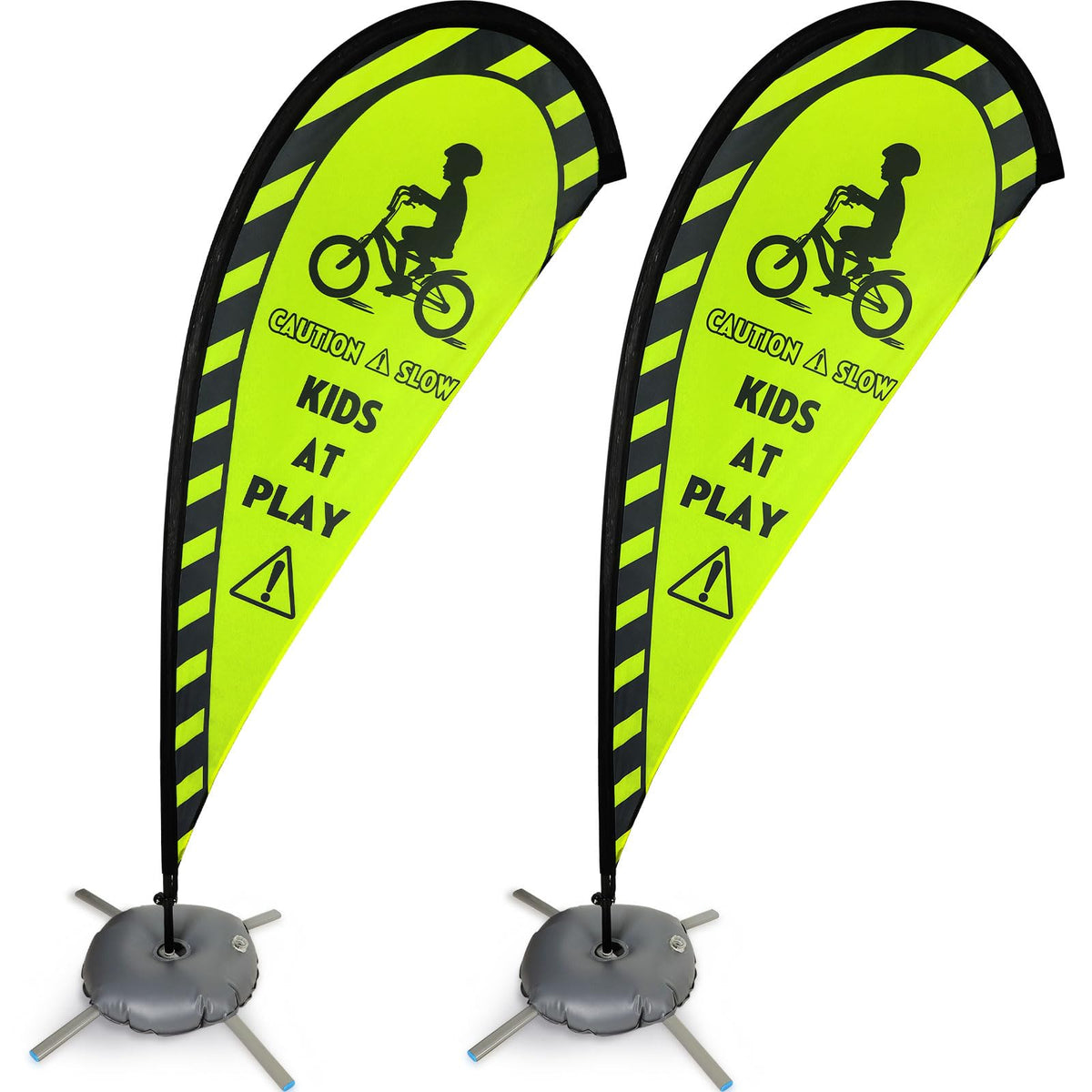 Newwiee front view of green teardrop Kids at Play flag increasing roadside visibility