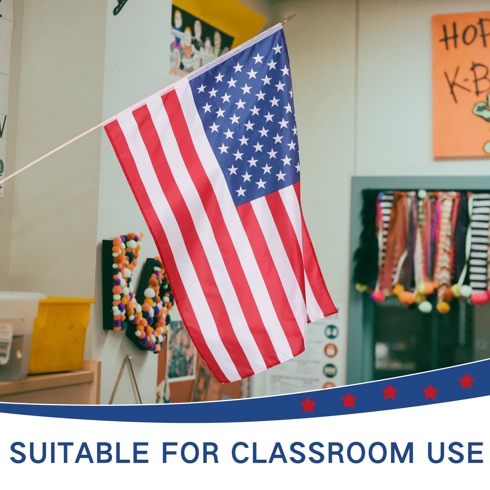 Newwiee row of flags in a classroom creating a coordinated patriotic visual for events