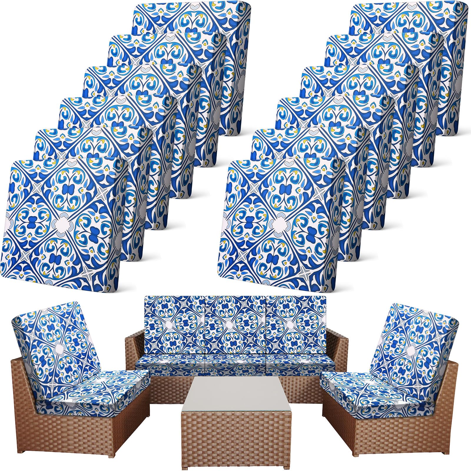 Newwiee front view of twelve blue retro cushion covers showing coordinated set and protection
