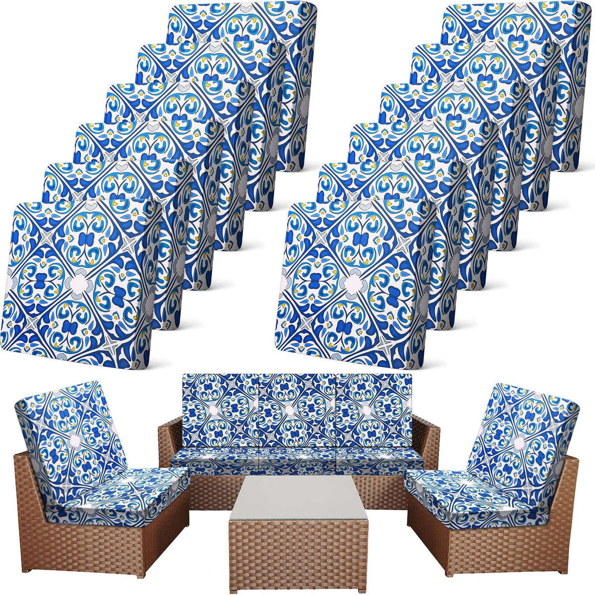 Newwiee front view of twelve blue retro cushion covers showing coordinated set and protection