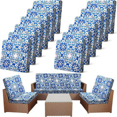 Newwiee front view of twelve blue retro cushion covers showing coordinated set and protection