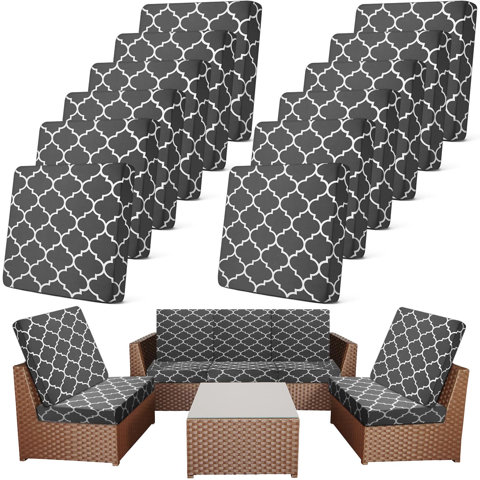 Newwiee front view of 12-pack covers showing dark gray Moroccan style and full-set benefit